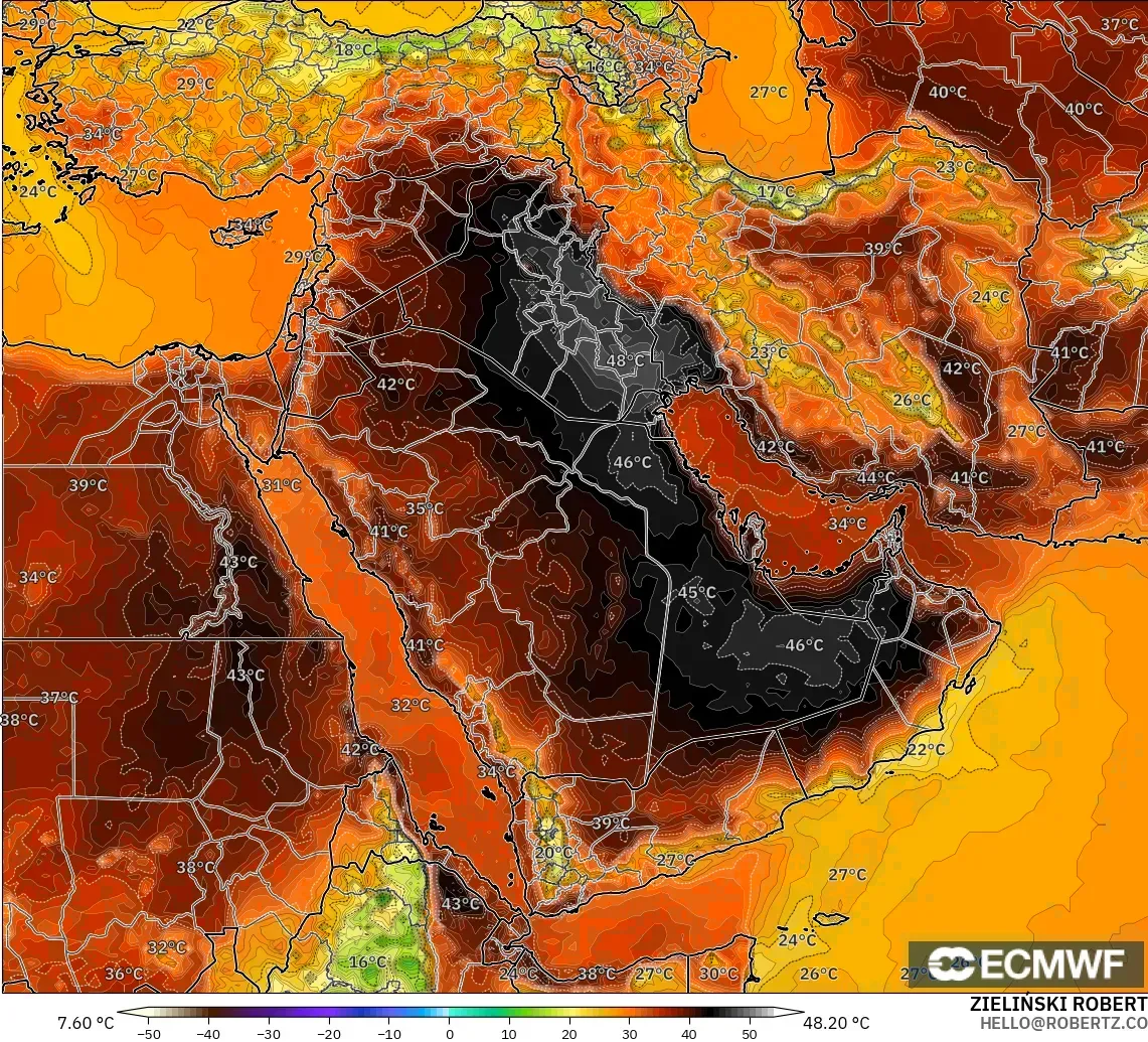 ECMWF IFS 0.25° modelo - Oriente Medio, Temperatura a 2 m