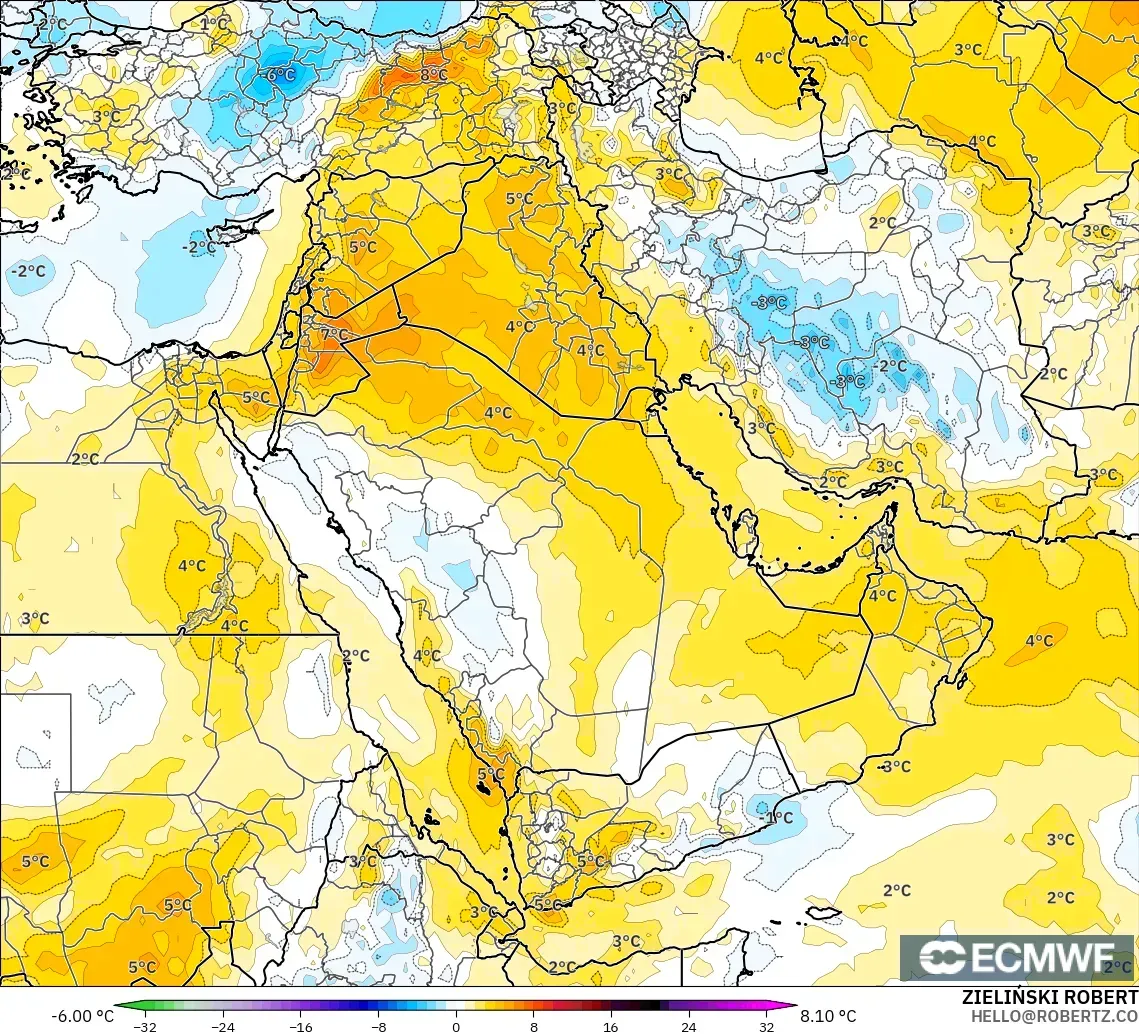 ECMWF IFS 0.25° modelo - Oriente Medio, Anomalía de temperatura a 850 hPa