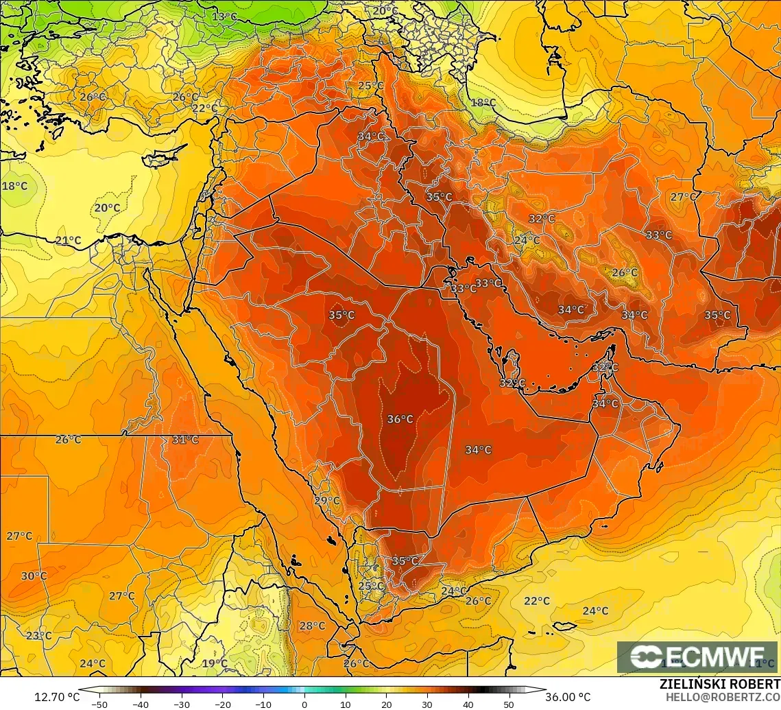 ECMWF IFS 0.25° modelo - Oriente Medio, Temperatura a 850 hPa