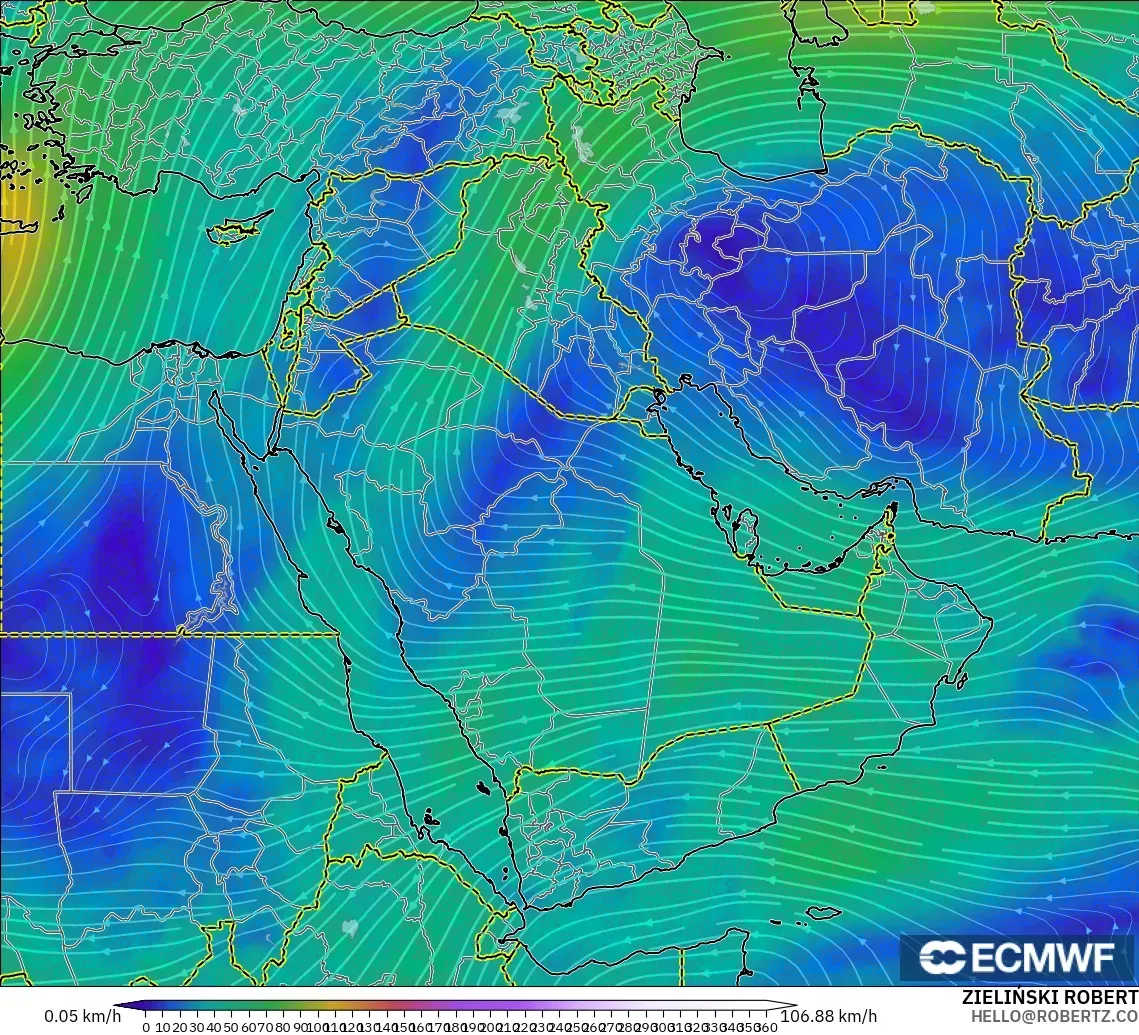 ECMWF IFS 0.25° modelo - Oriente Medio, Viento a 300 hPa (corriente en chorro)