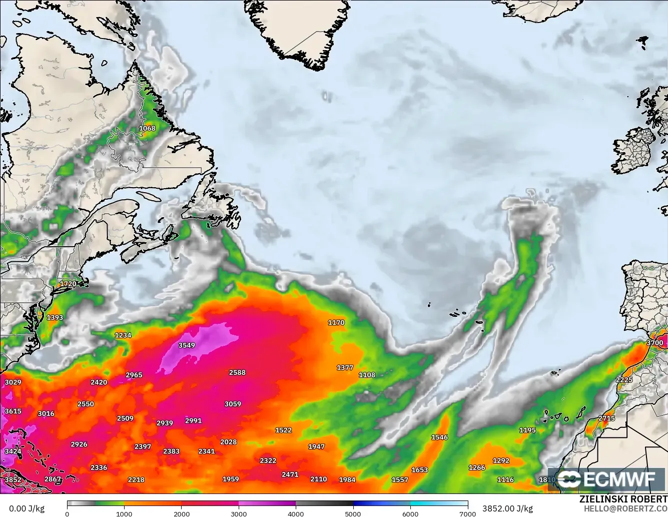 ECMWF IFS 0.25° modelo - Norte Atlántico, CAPE