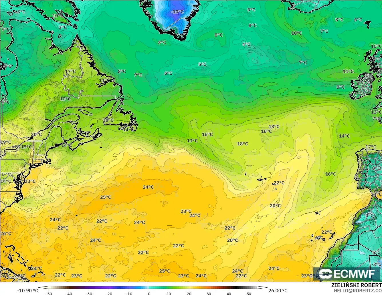 ECMWF IFS 0.25° modelo - Norte Atlántico, Punto de rocío a 2 m