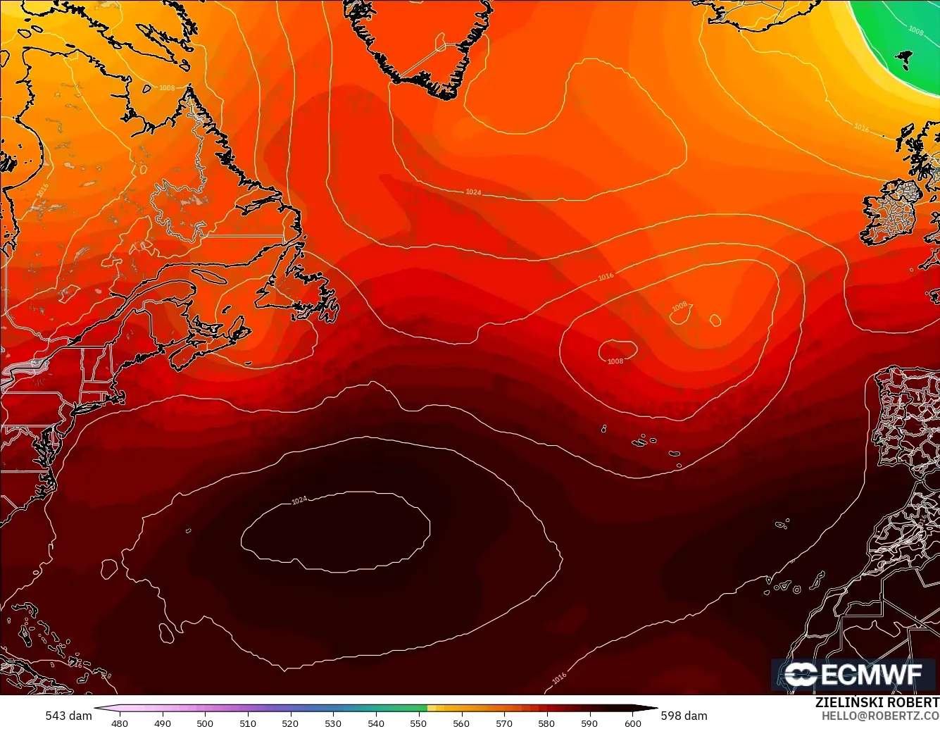ECMWF IFS 0.25° modelo - Norte Atlántico, Altura geopotencial a 500 hPa