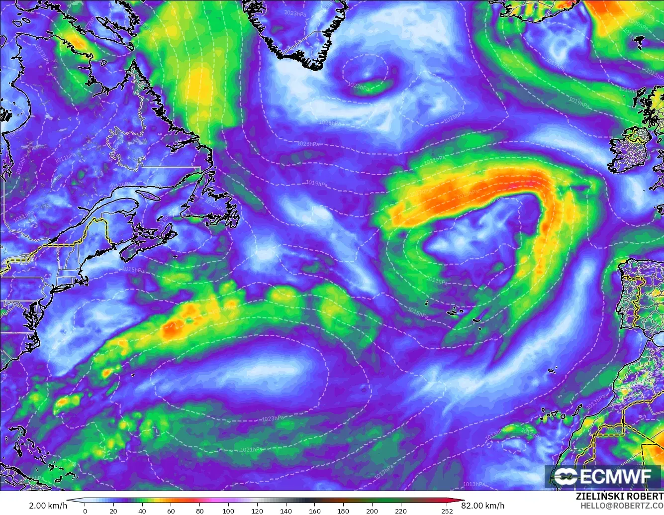 ECMWF IFS 0.25° modelo - Norte Atlántico, Ráfagas de viento