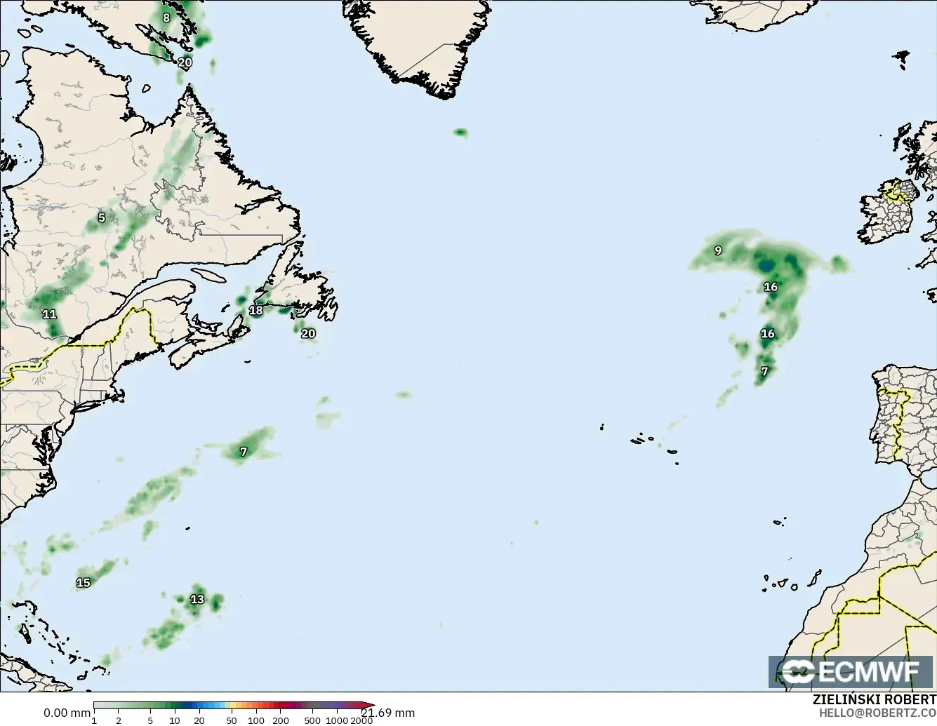 ECMWF IFS 0.25° modelo - Norte Atlántico, Acumulación de precipitación