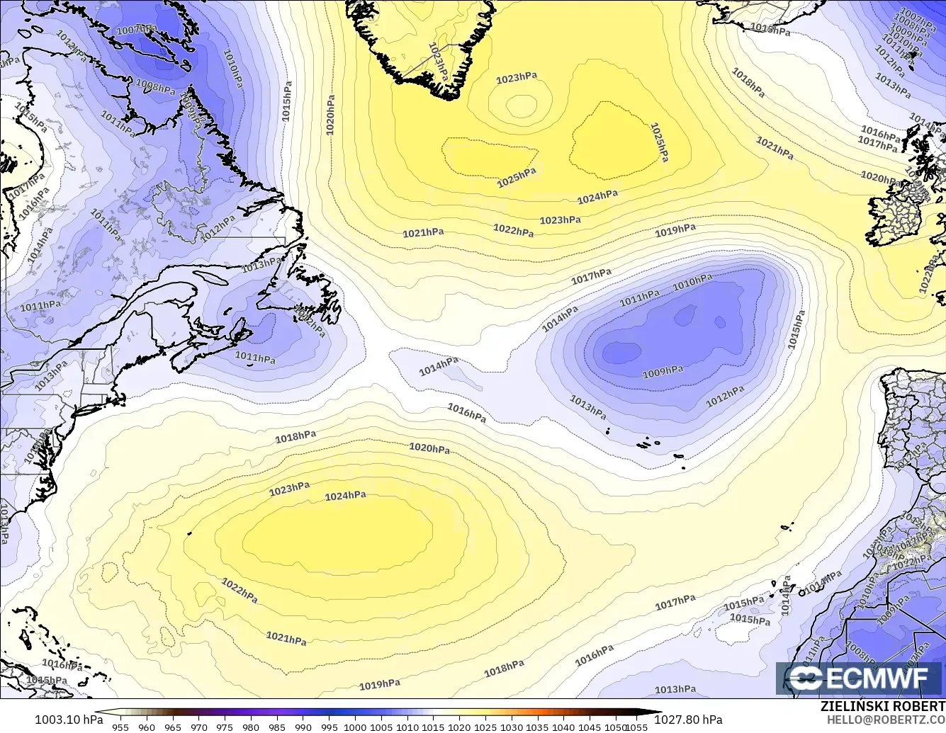 ECMWF IFS 0.25° modelo - Norte Atlántico, Presión