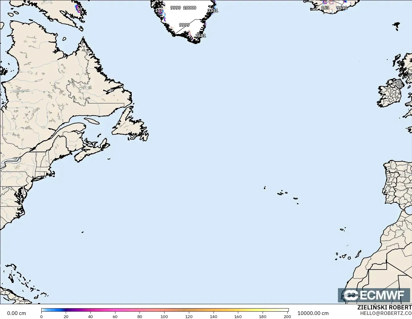 ECMWF IFS 0.25° modelo - Norte Atlántico, Profundidad de nieve