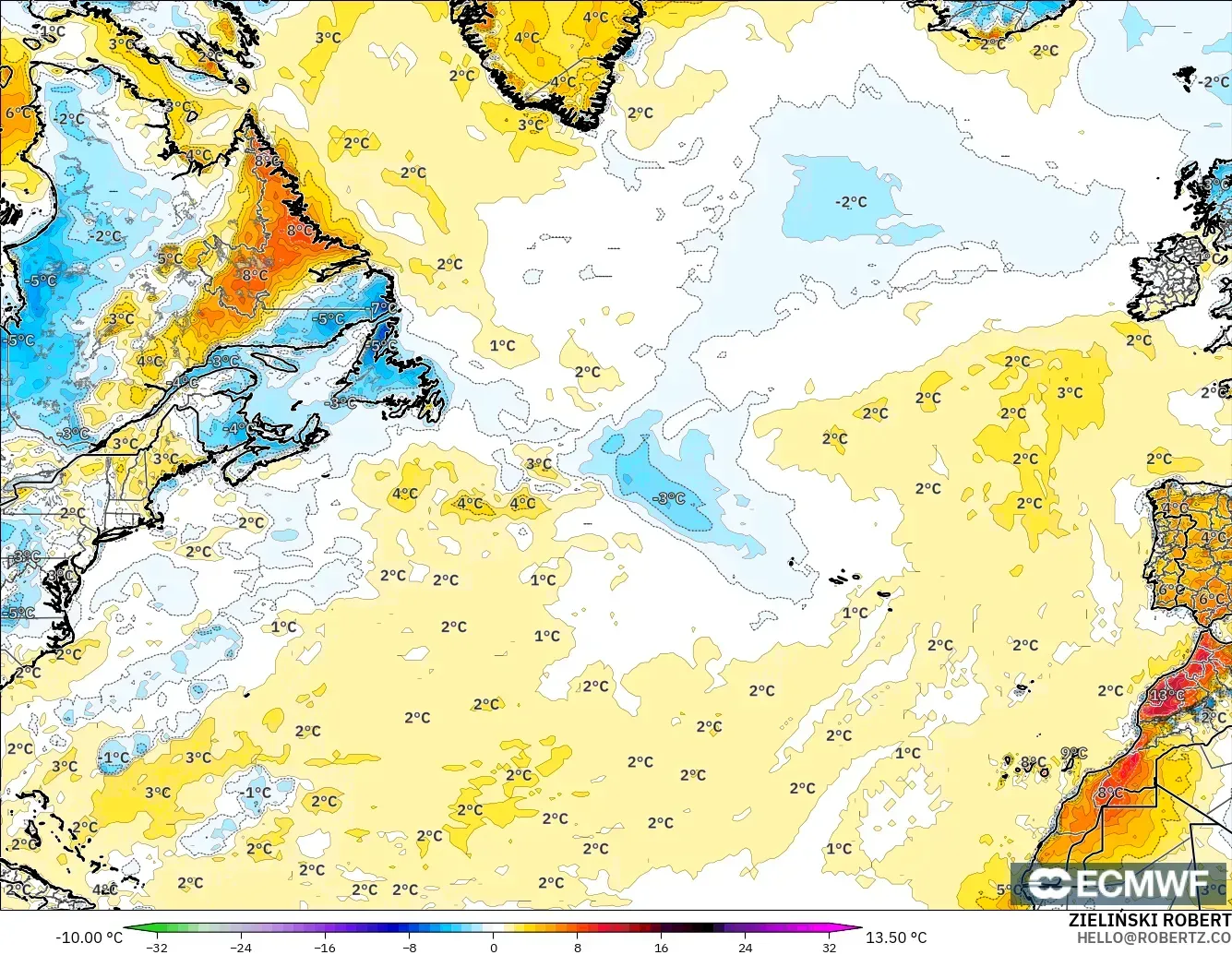 ECMWF IFS 0.25° modelo - Norte Atlántico, Anomalía de temperatura a 2 m