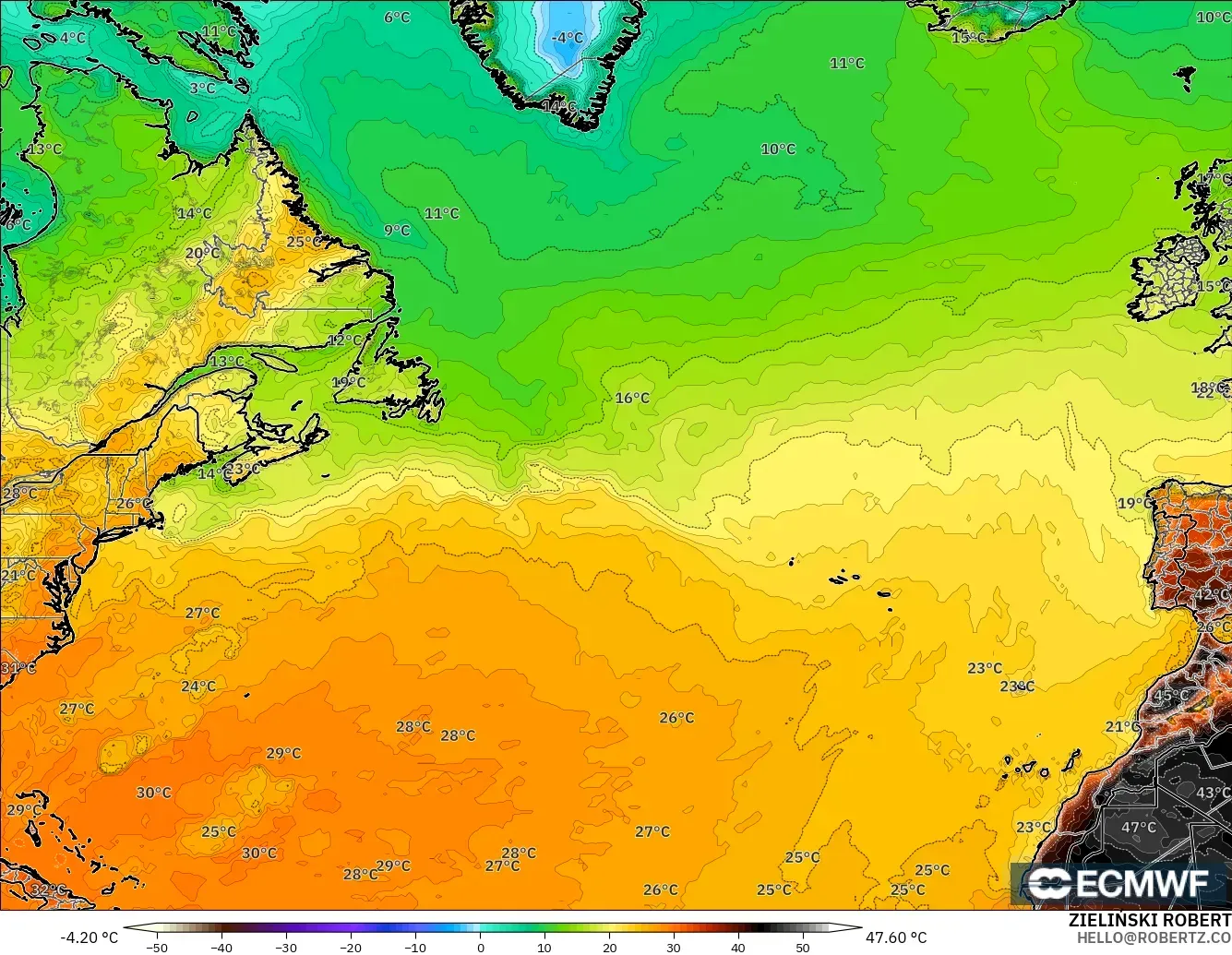 ECMWF IFS 0.25° modelo - Norte Atlántico, Temperatura a 2 m