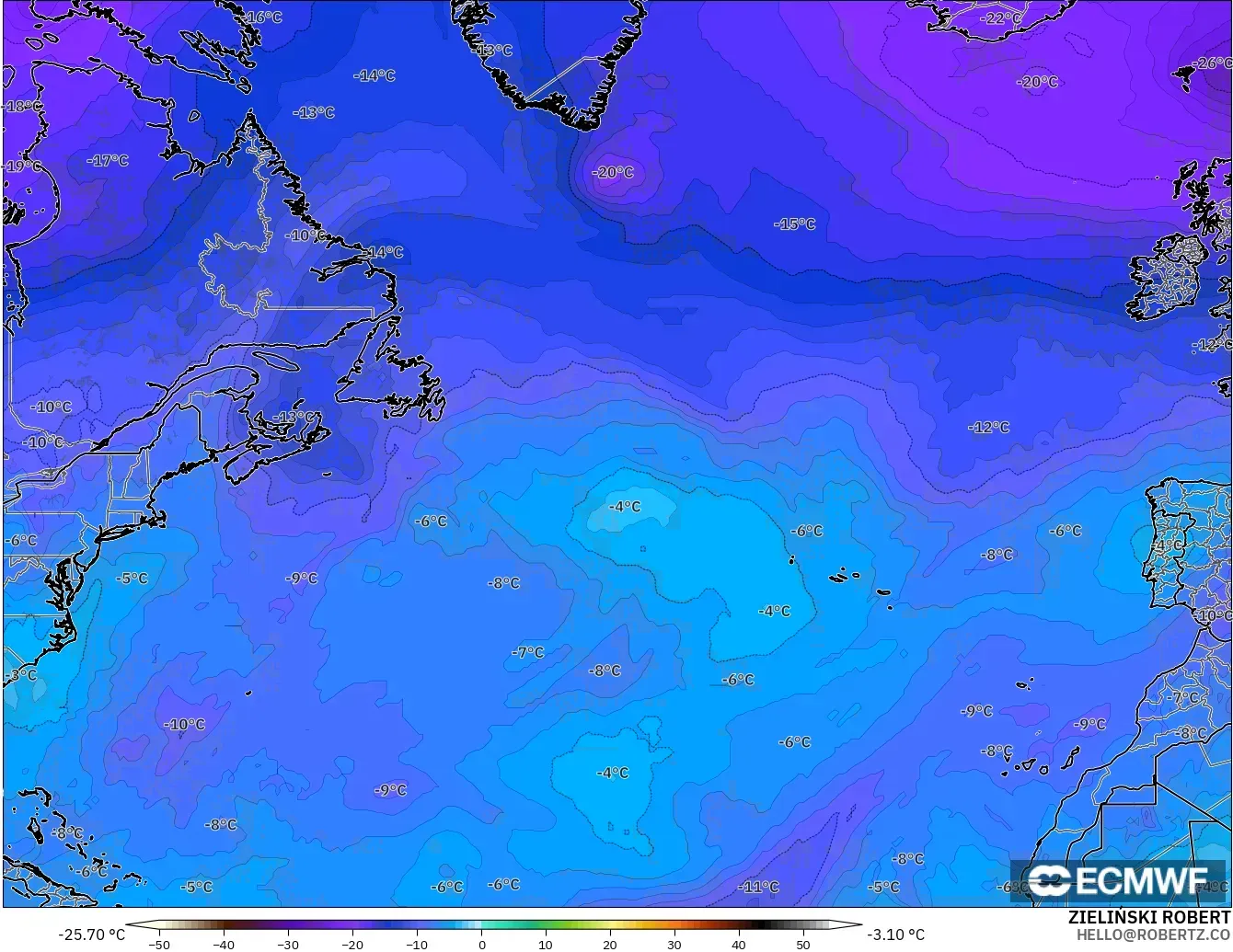 ECMWF IFS 0.25° modelo - Norte Atlántico, Temperatura a 500 hPa