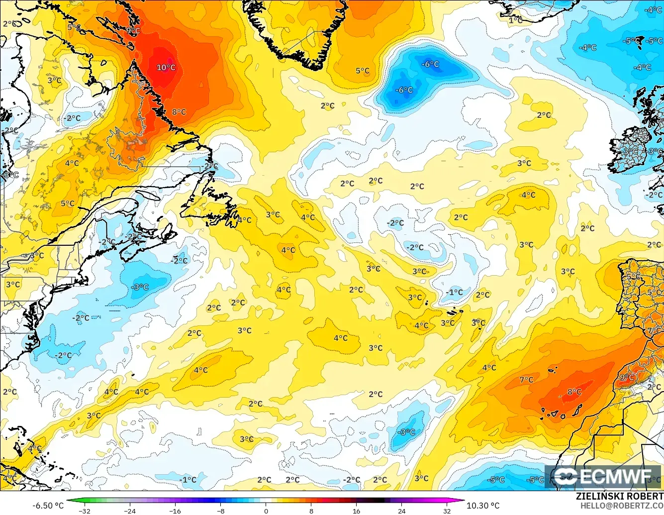 ECMWF IFS 0.25° modelo - Norte Atlántico, Anomalía de temperatura a 850 hPa