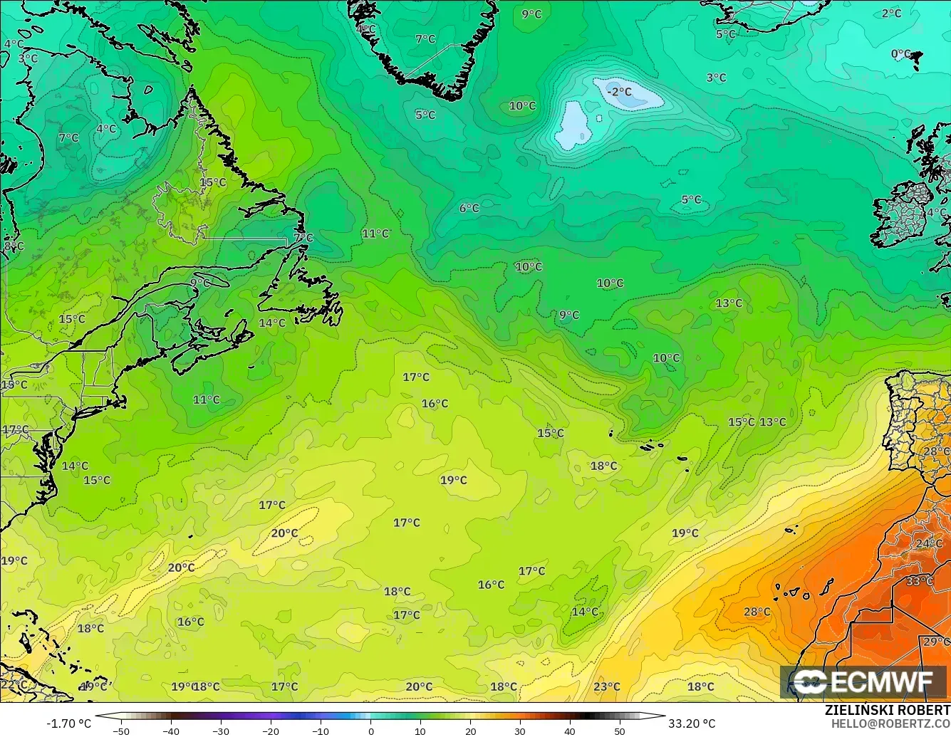 ECMWF IFS 0.25° modelo - Norte Atlántico, Temperatura a 850 hPa