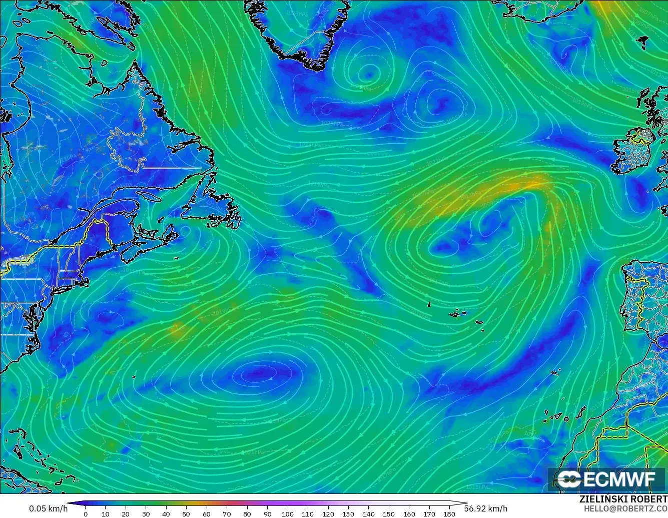 ECMWF IFS 0.25° modelo - Norte Atlántico, Viento a 10 m