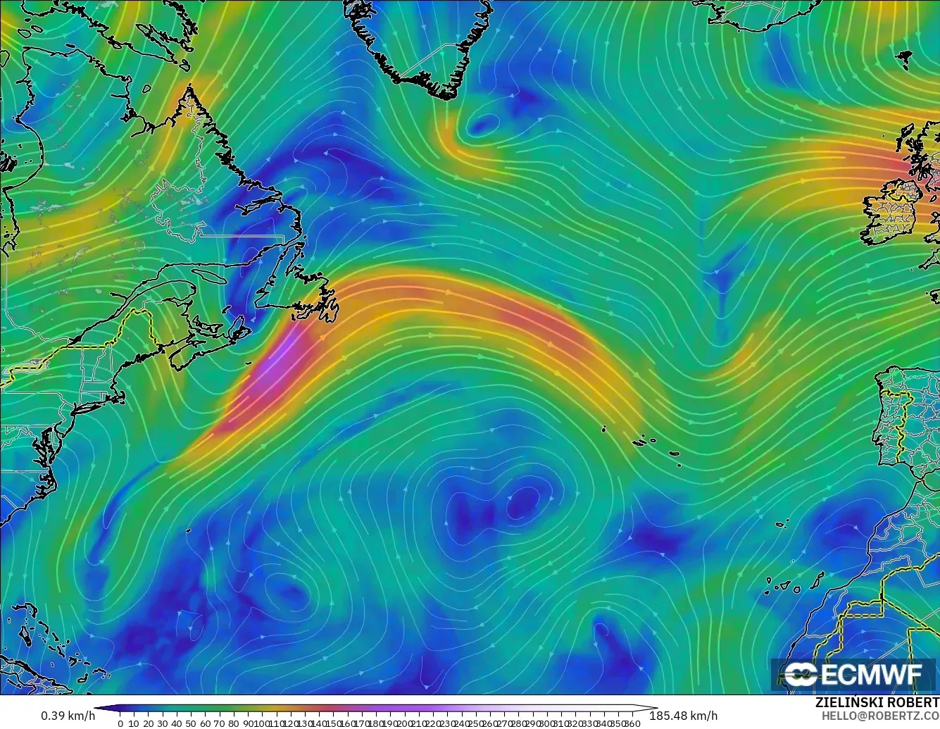 ECMWF IFS 0.25° modelo - Norte Atlántico, Viento a 300 hPa (corriente en chorro)