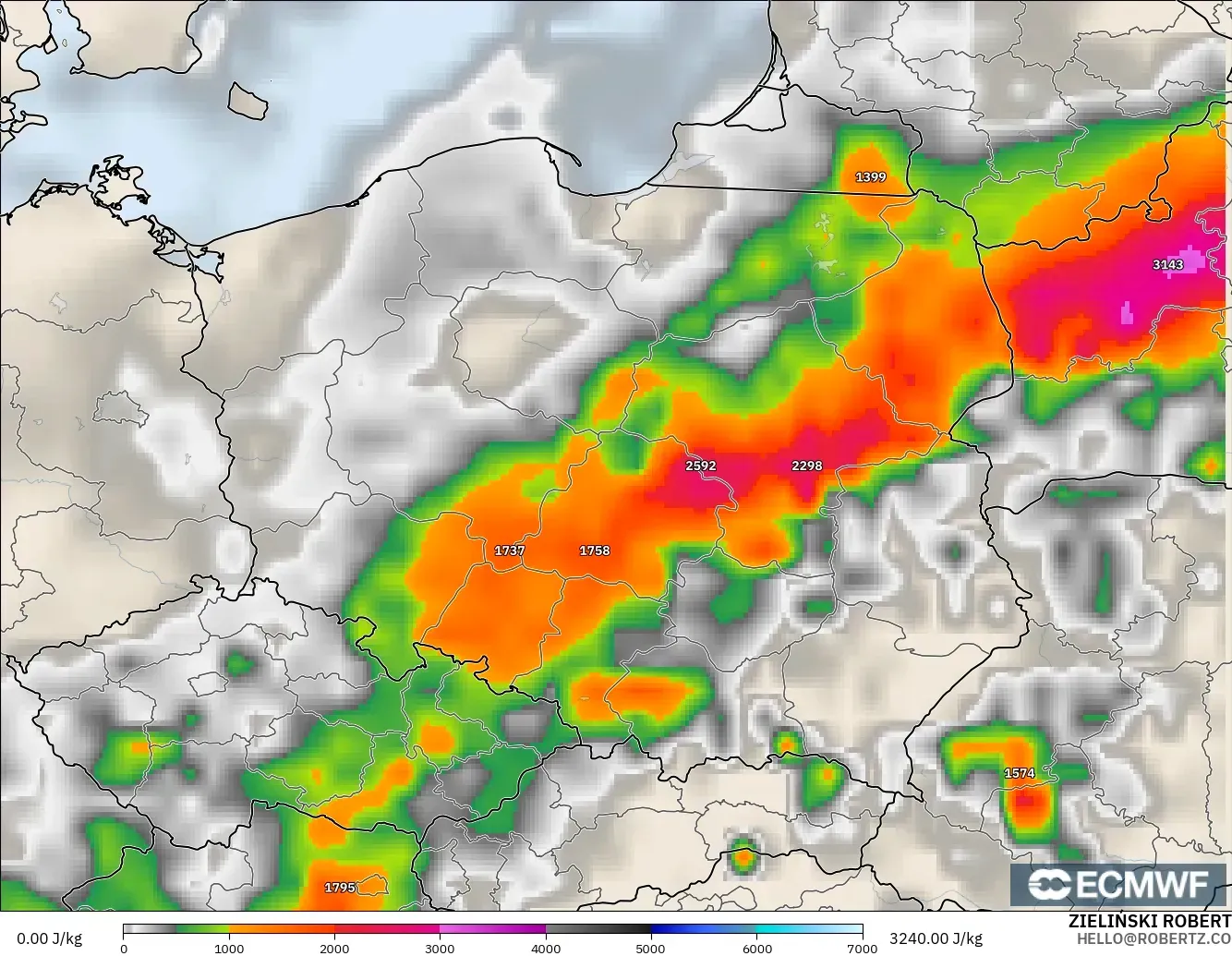 ECMWF IFS 0.25° modelo - Polonia, CAPE
