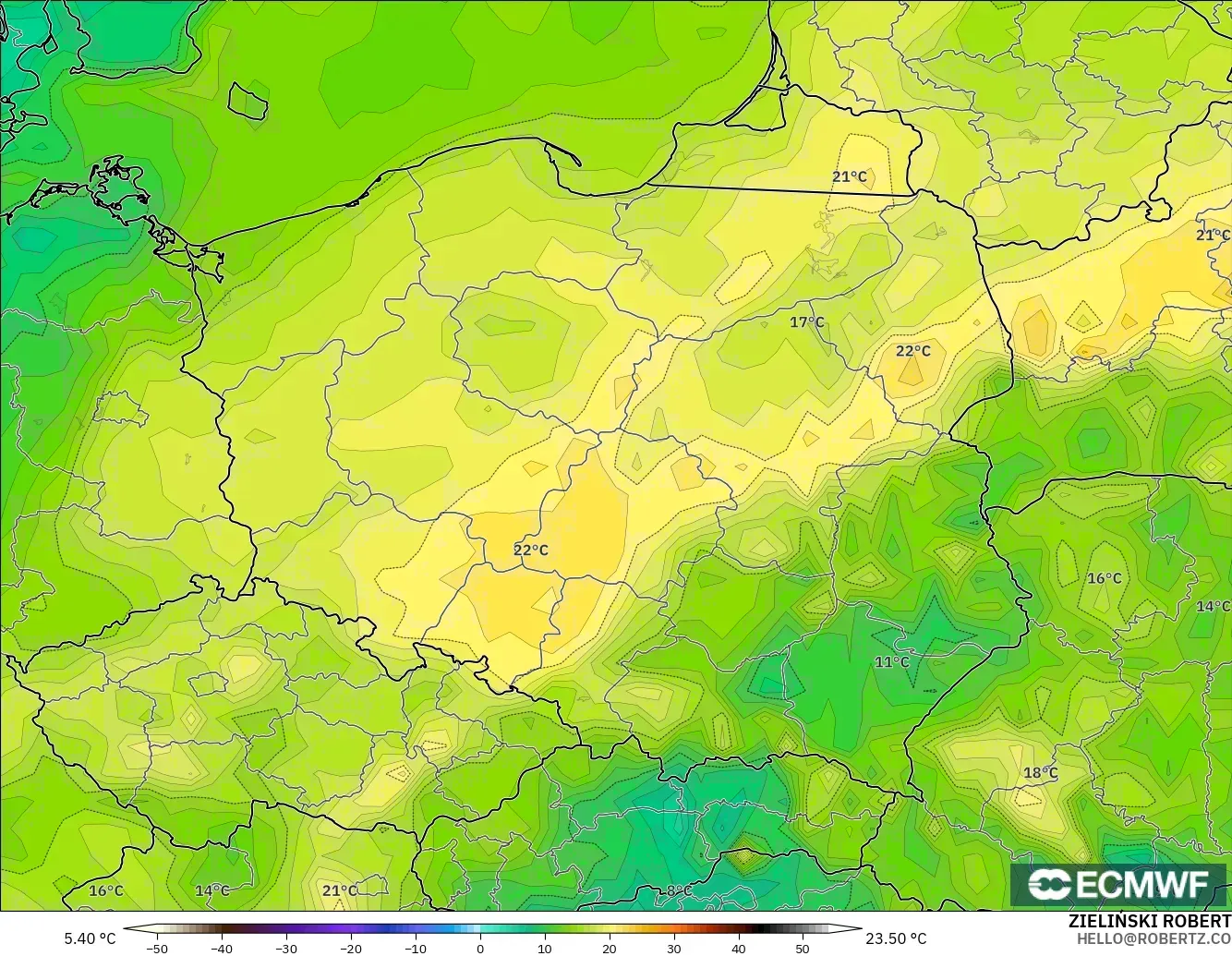 ECMWF IFS 0.25° modelo - Polonia, Punto de rocío a 2 m