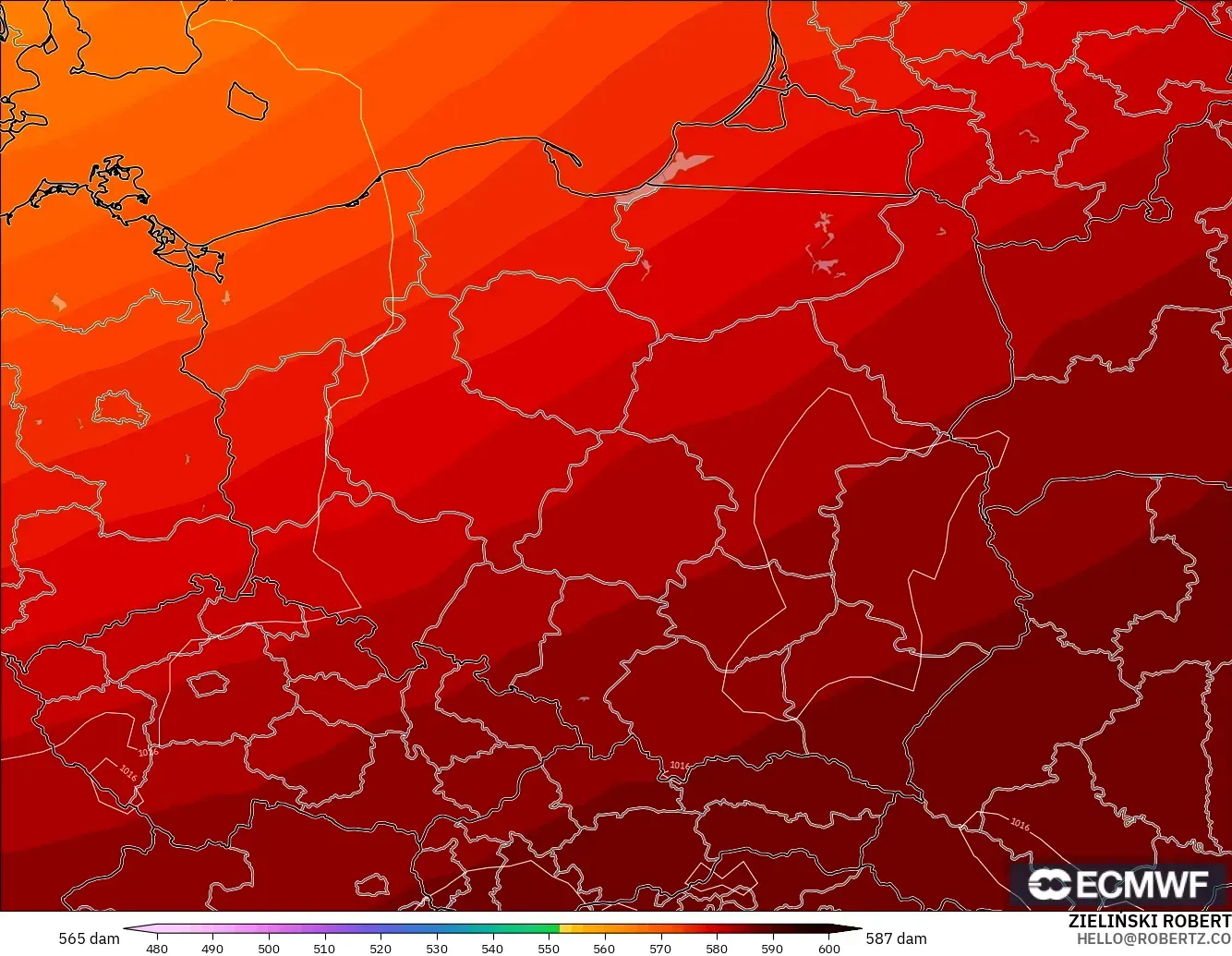ECMWF IFS 0.25° modelo - Polonia, Altura geopotencial a 500 hPa