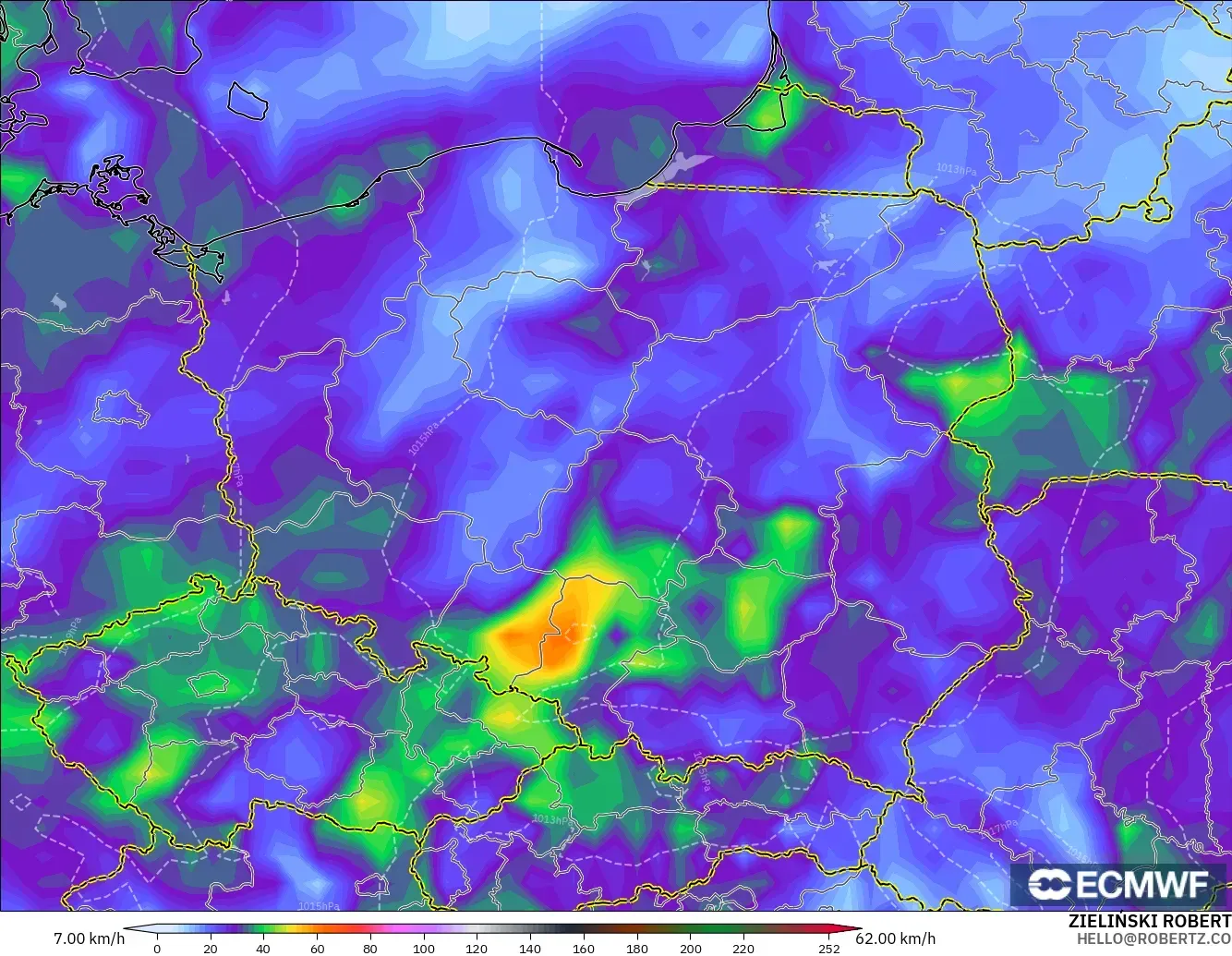 ECMWF IFS 0.25° modelo - Polonia, Ráfagas de viento