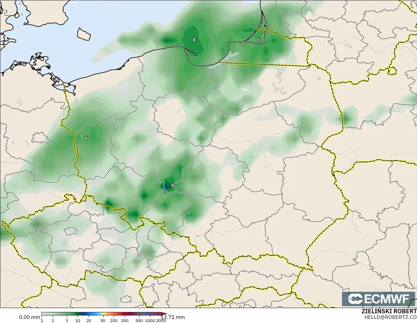 ECMWF IFS 0.25° modelo - Polonia, Acumulación de precipitación