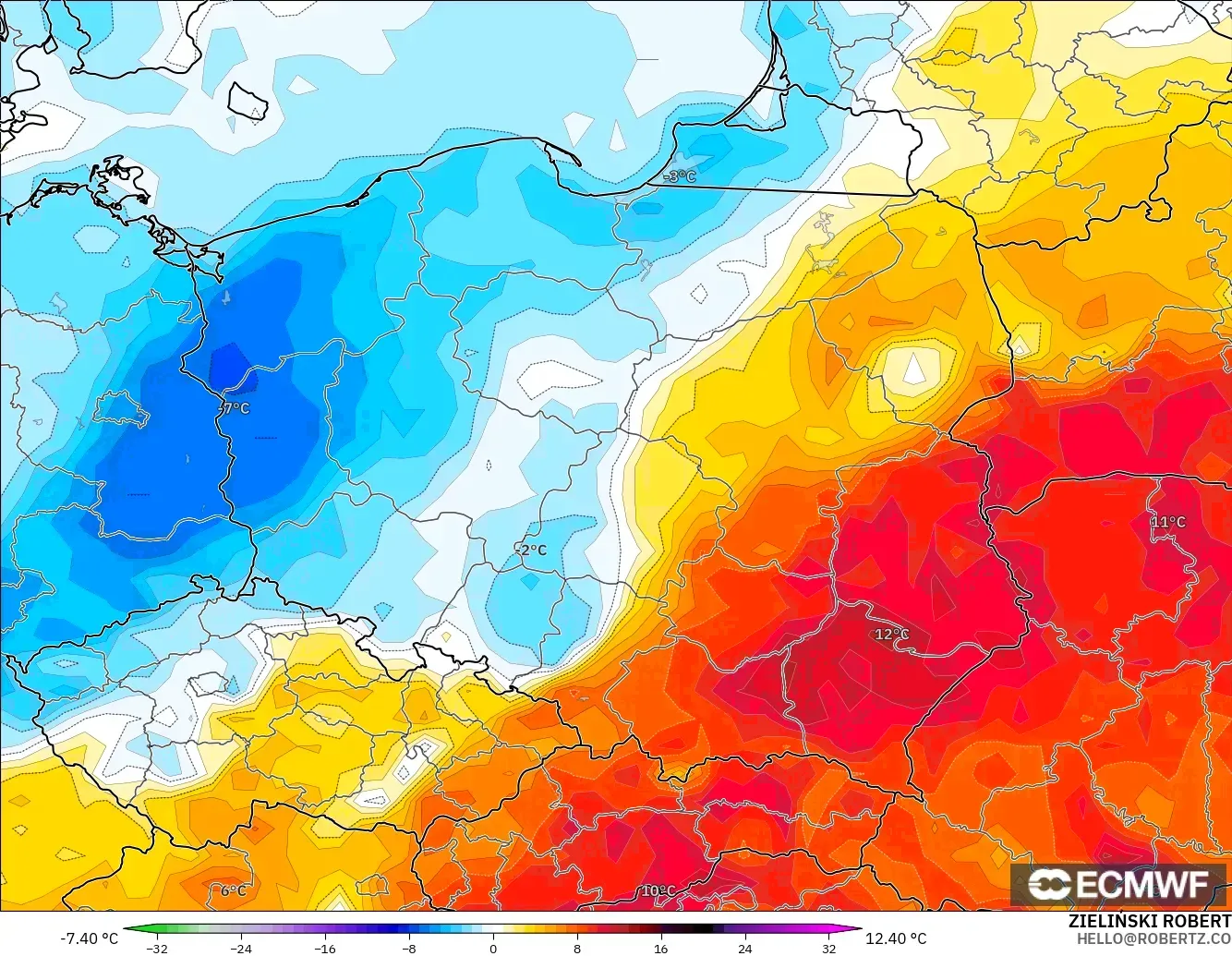 ECMWF IFS 0.25° modelo - Polonia, Anomalía de temperatura a 2 m