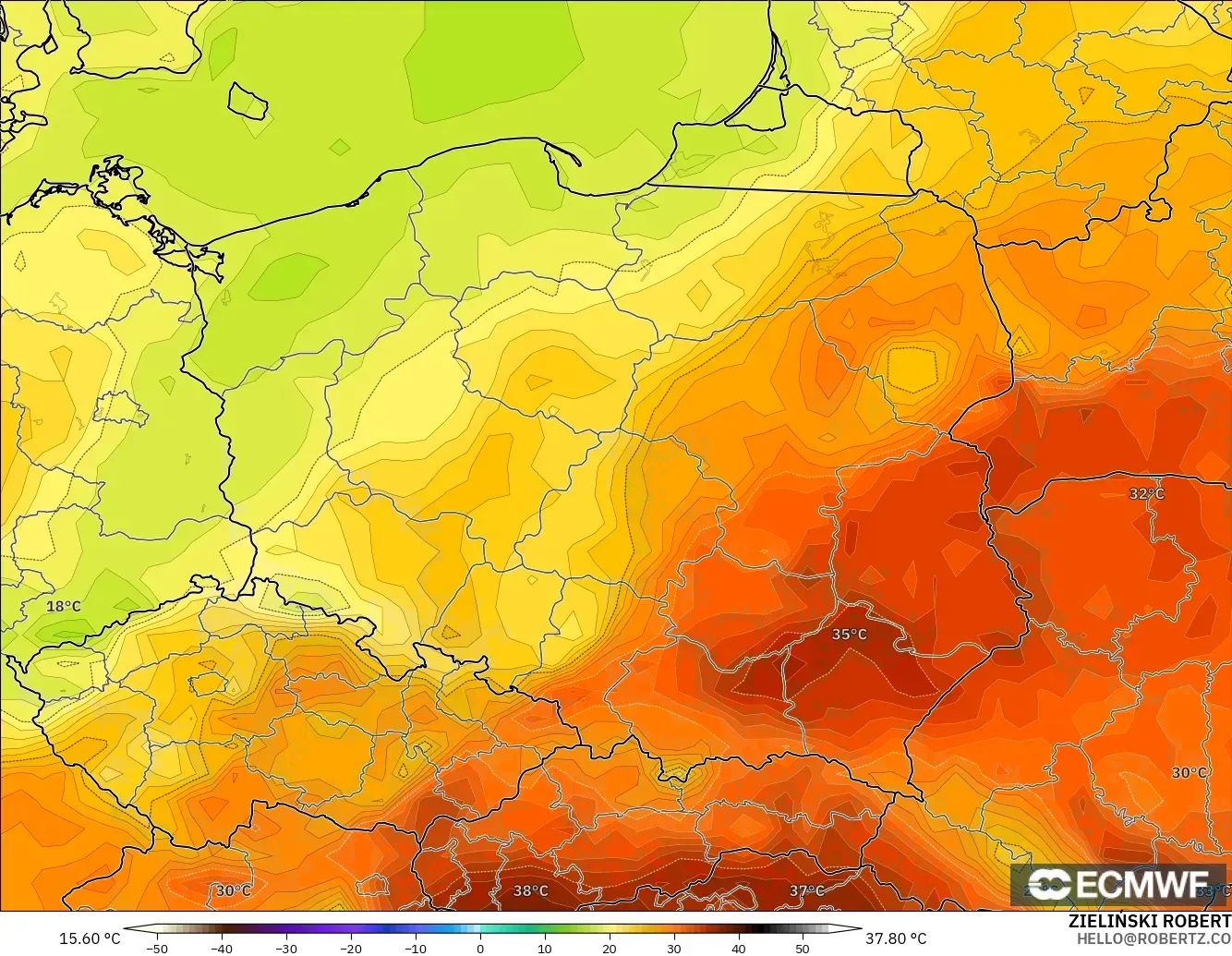 ECMWF IFS 0.25° modelo - Polonia, Temperatura a 2 m