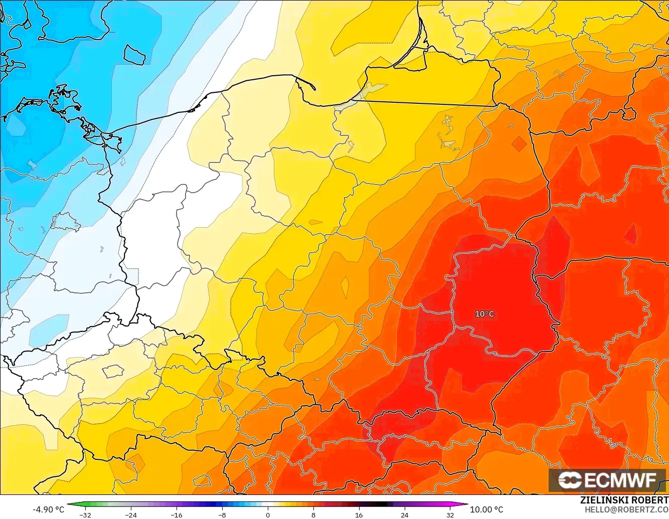 ECMWF IFS 0.25° modelo - Polonia, Anomalía de temperatura a 850 hPa