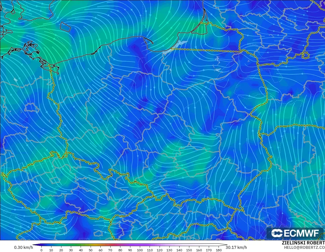 ECMWF IFS 0.25° modelo - Polonia, Viento a 10 m