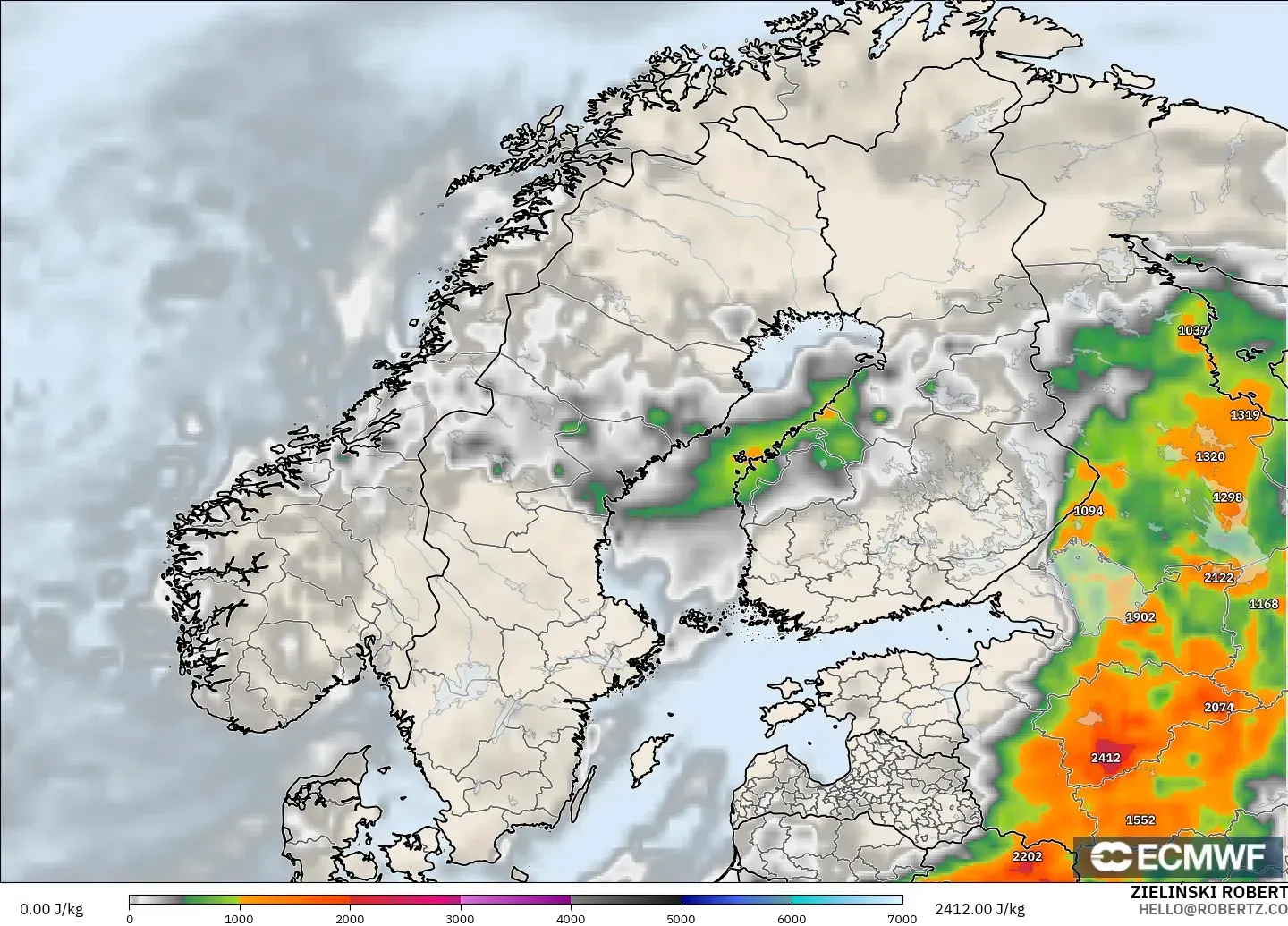 ECMWF IFS 0.25° modelo - Escandinavia, CAPE