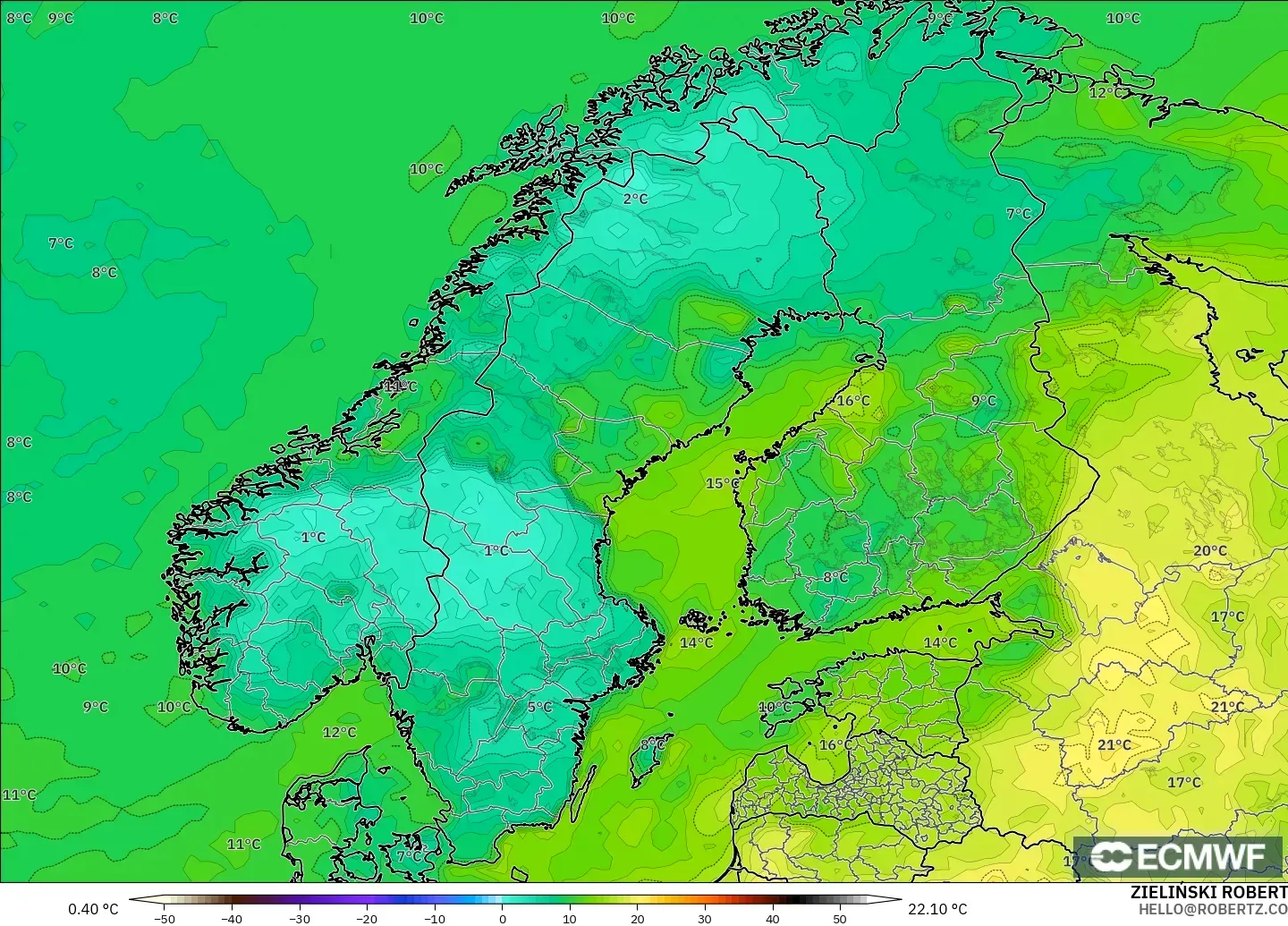 ECMWF IFS 0.25° modelo - Escandinavia, Punto de rocío a 2 m