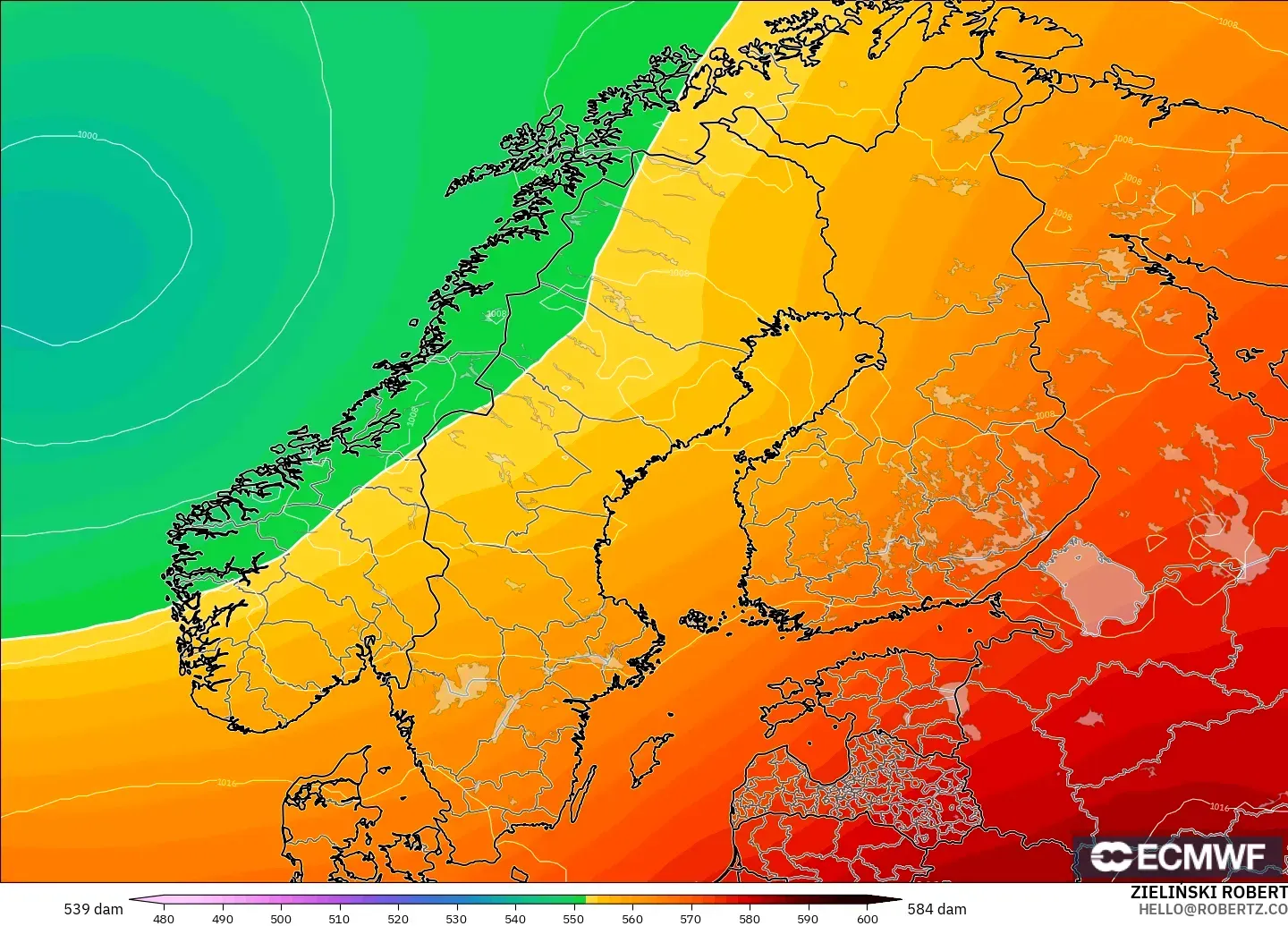 ECMWF IFS 0.25° modelo - Escandinavia, Altura geopotencial a 500 hPa
