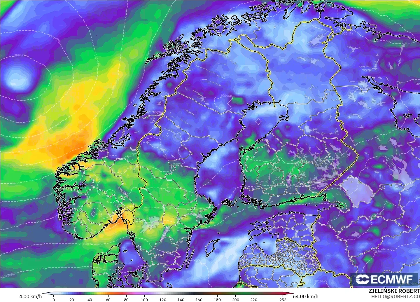 ECMWF IFS 0.25° modelo - Escandinavia, Ráfagas de viento