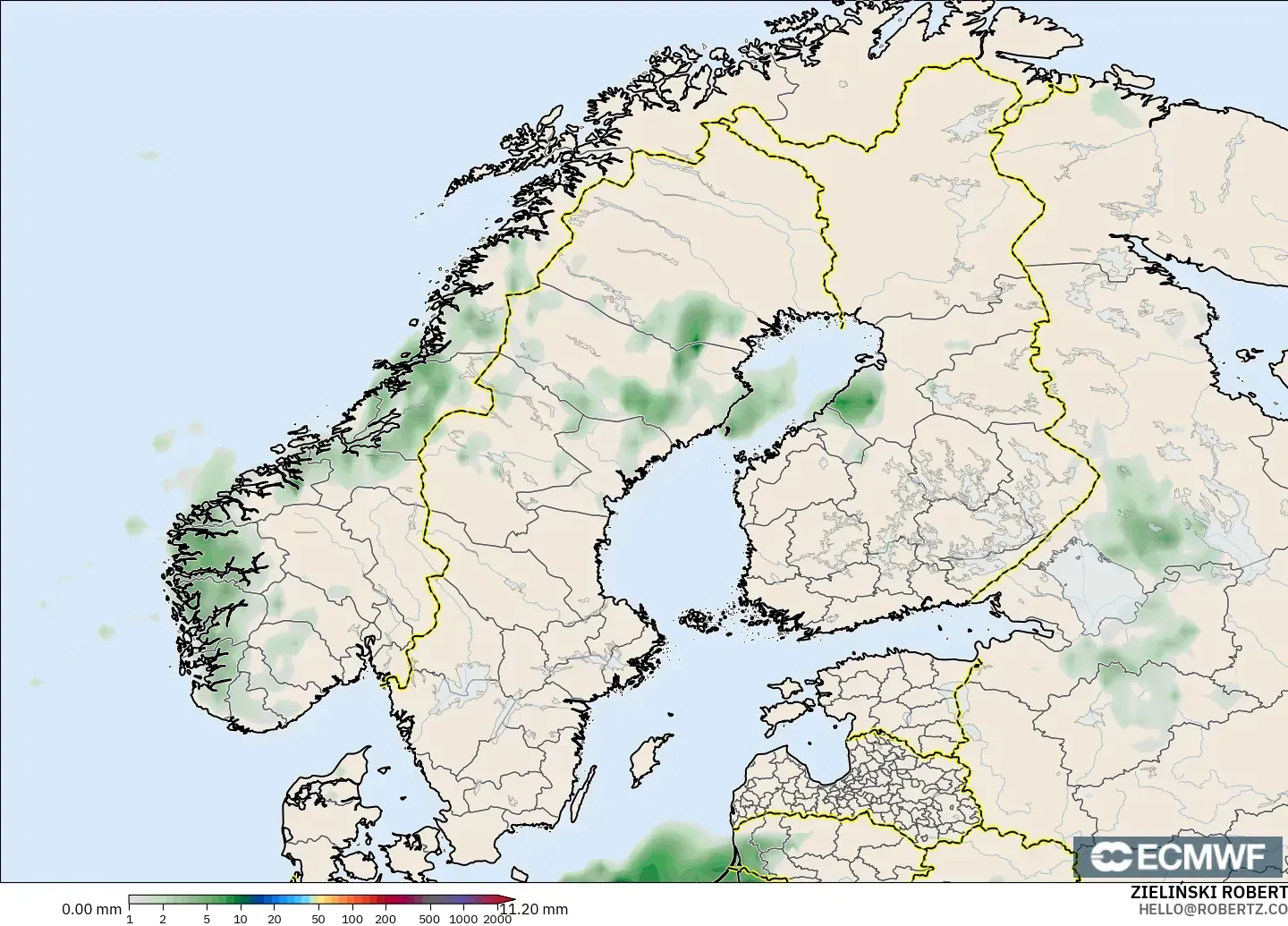 ECMWF IFS 0.25° modelo - Escandinavia, Acumulación de precipitación