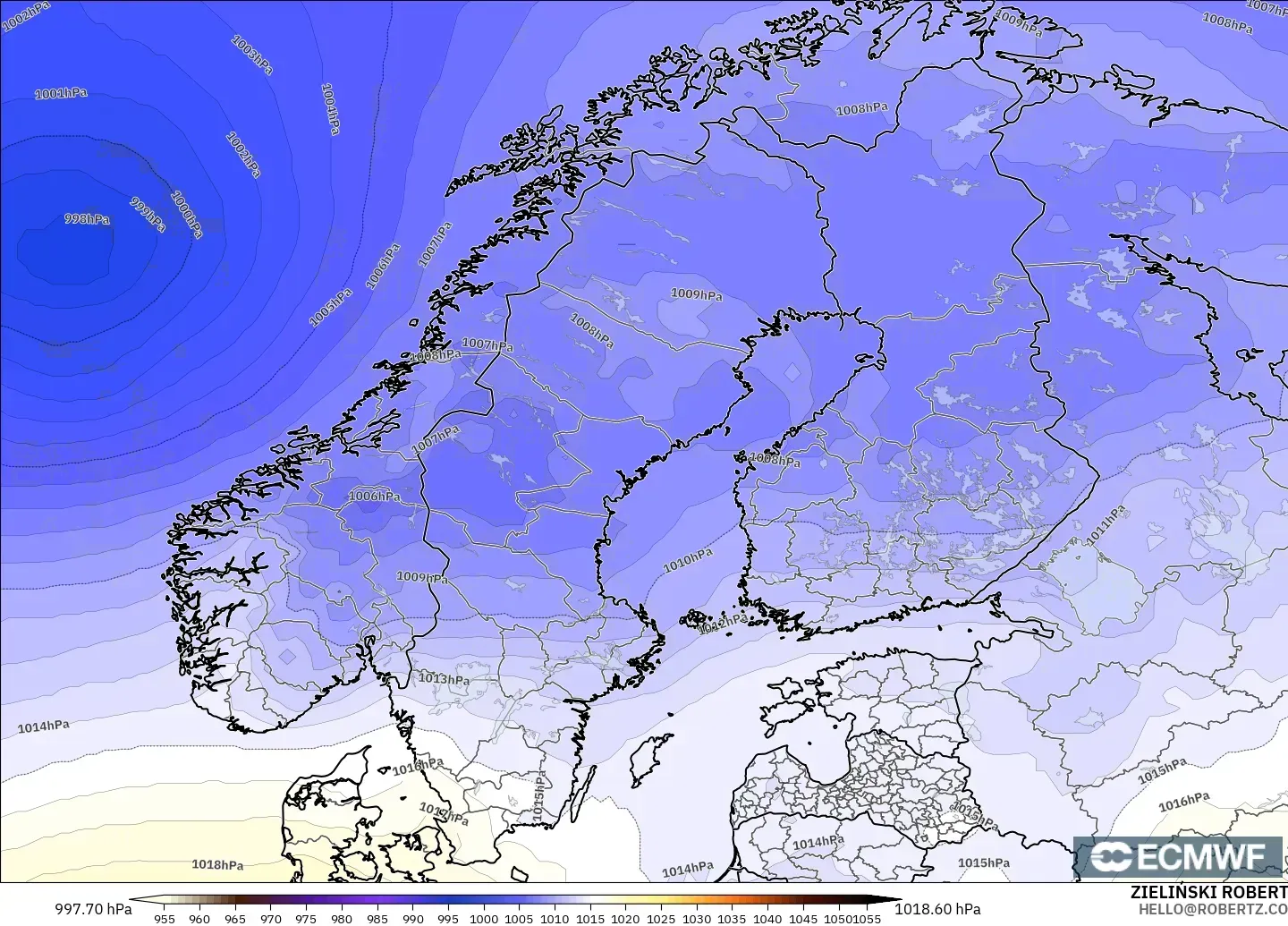 ECMWF IFS 0.25° modelo - Escandinavia, Presión