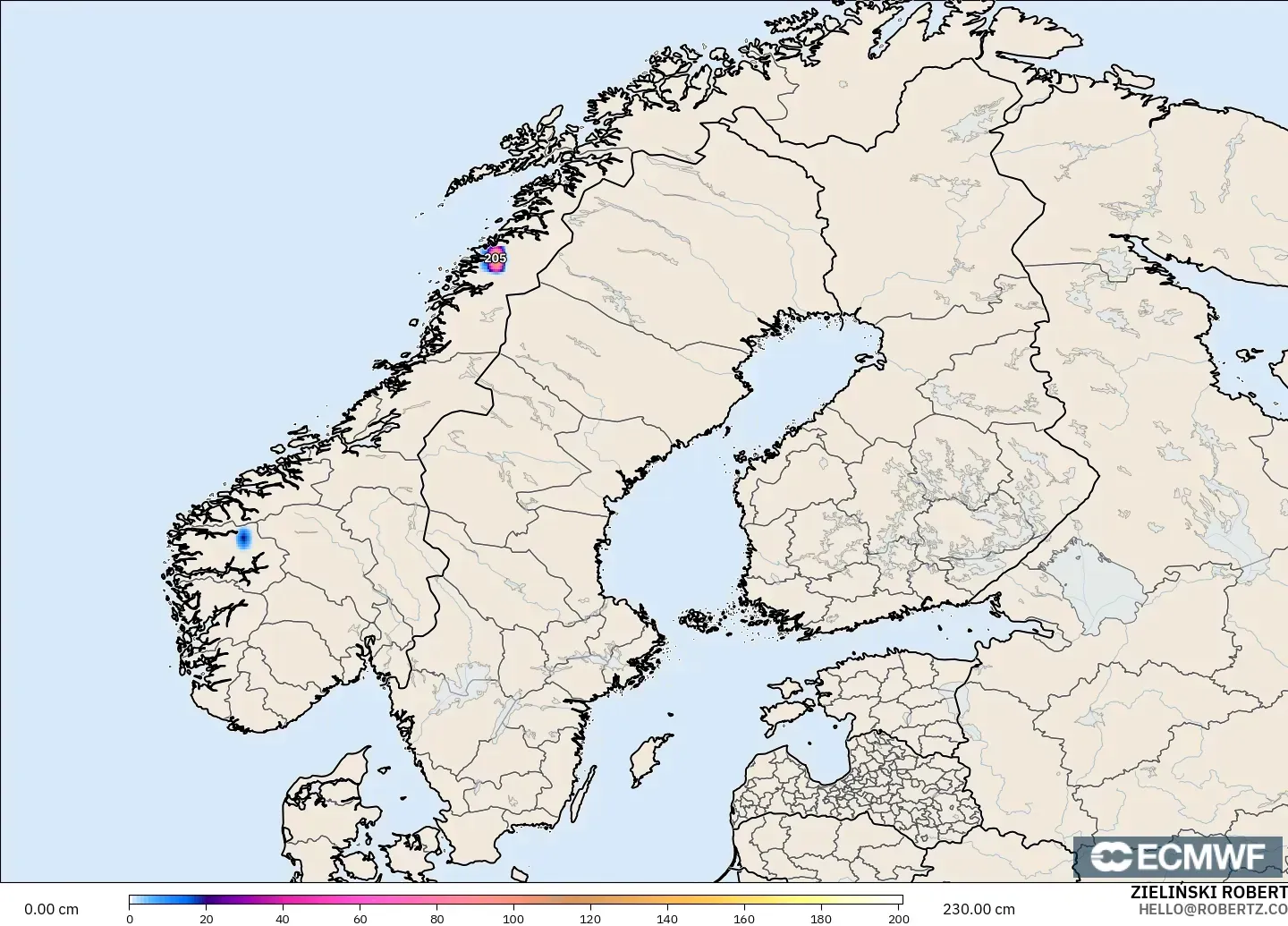 ECMWF IFS 0.25° modelo - Escandinavia, Profundidad de nieve