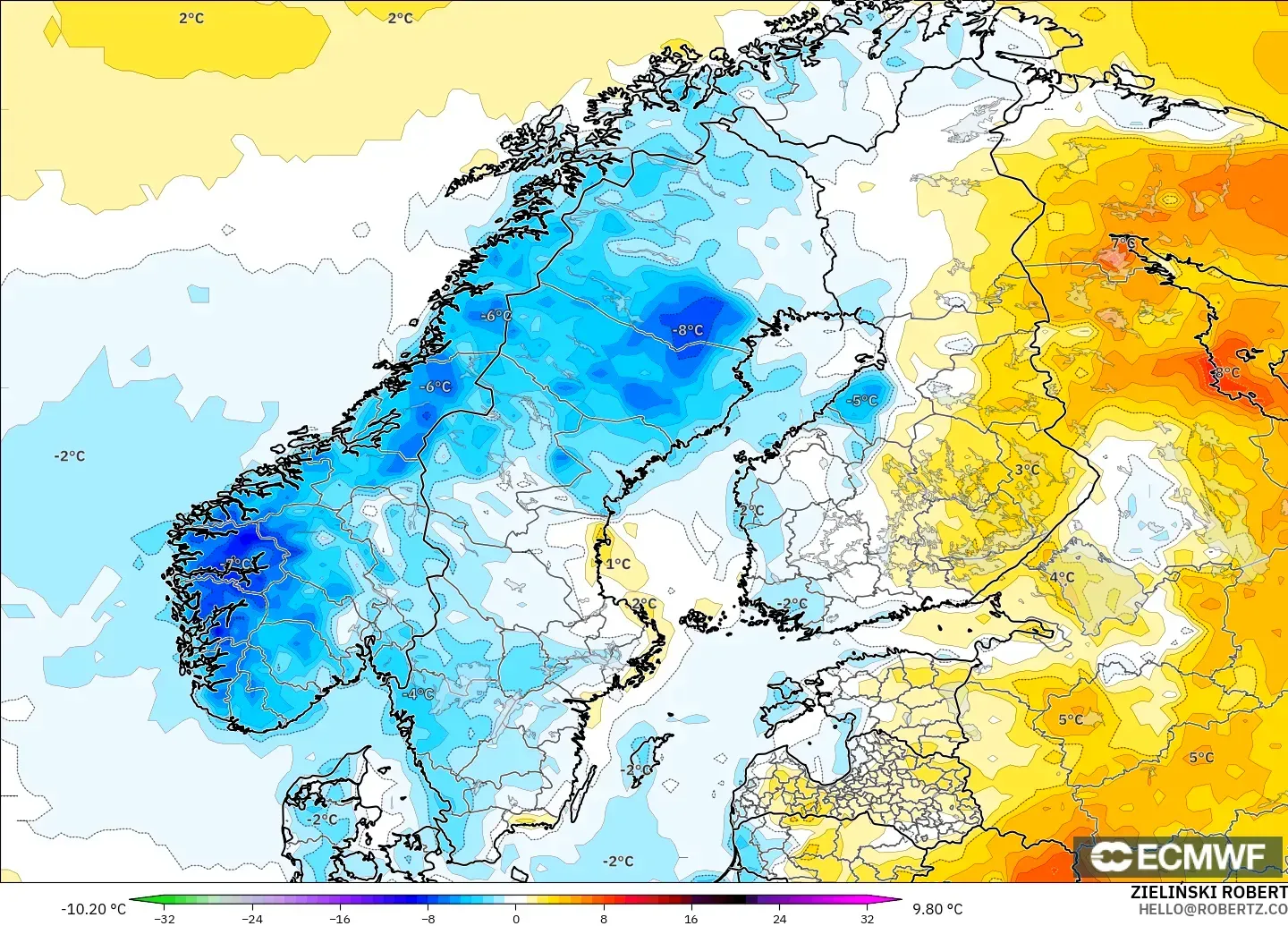 ECMWF IFS 0.25° modelo - Escandinavia, Anomalía de temperatura a 2 m