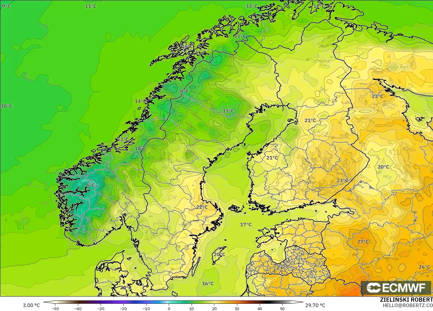 ECMWF IFS 0.25° modelo - Escandinavia, Temperatura a 2 m
