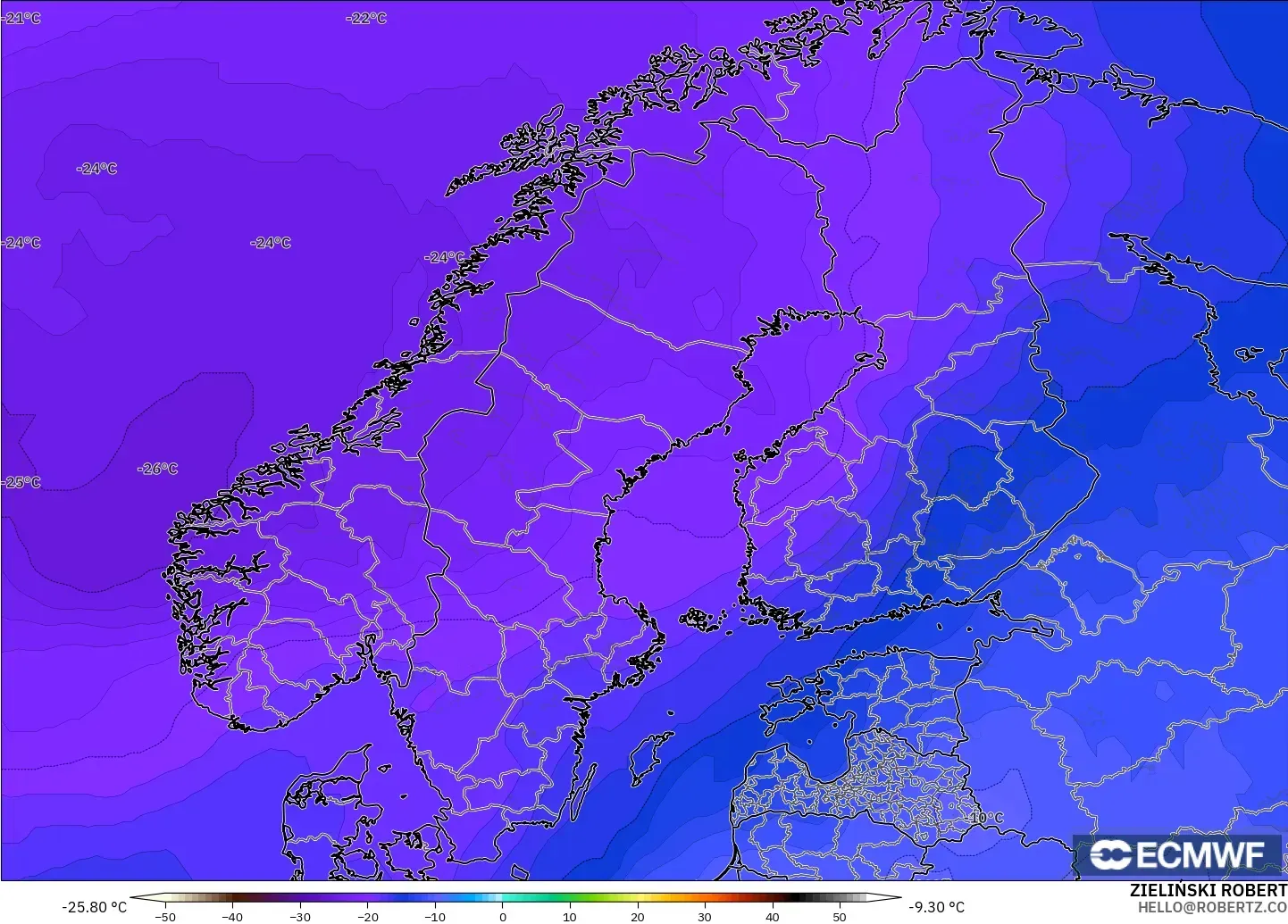 ECMWF IFS 0.25° modelo - Escandinavia, Temperatura a 500 hPa