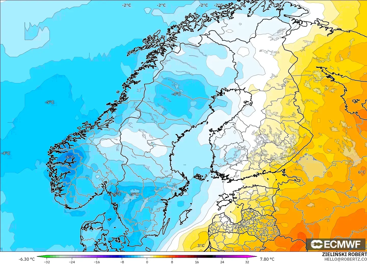 ECMWF IFS 0.25° modelo - Escandinavia, Anomalía de temperatura a 850 hPa