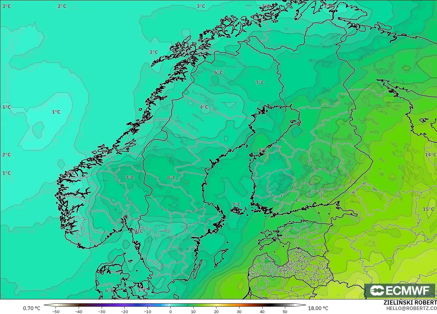 ECMWF IFS 0.25° modelo - Escandinavia, Temperatura a 850 hPa