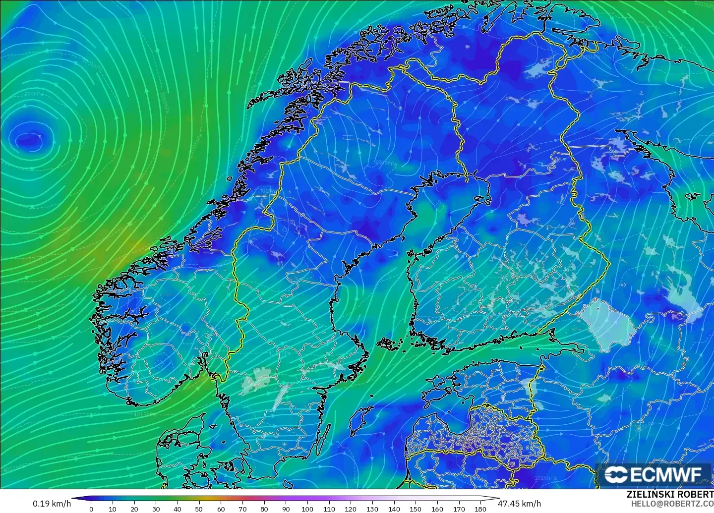 ECMWF IFS 0.25° modelo - Escandinavia, Viento a 10 m