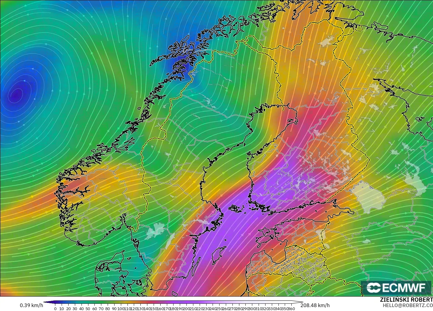 ECMWF IFS 0.25° modelo - Escandinavia, Viento a 300 hPa (corriente en chorro)