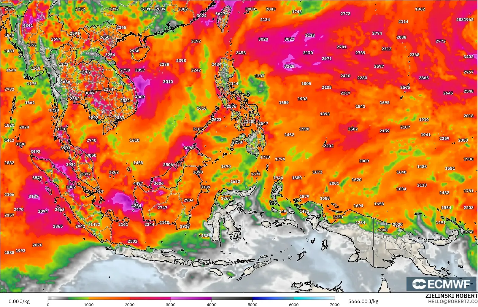 ECMWF IFS 0.25° modelo - Sudeste Asiático, CAPE