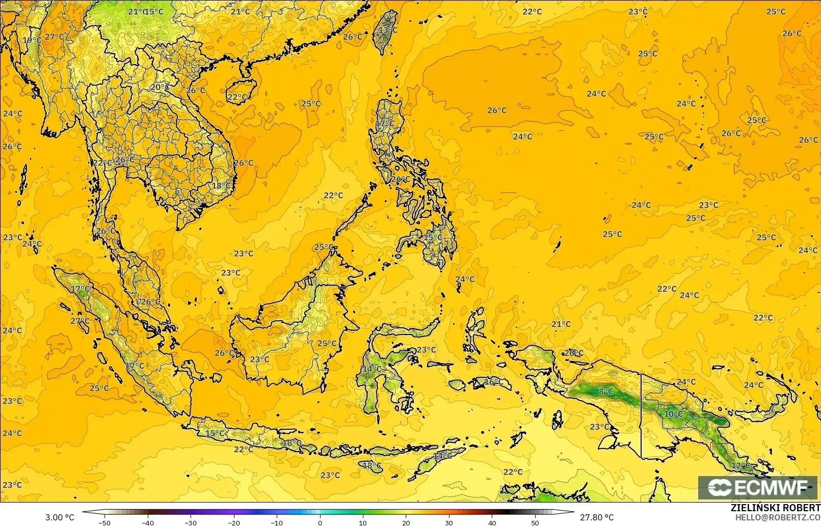 ECMWF IFS 0.25° modelo - Sudeste Asiático, Punto de rocío a 2 m