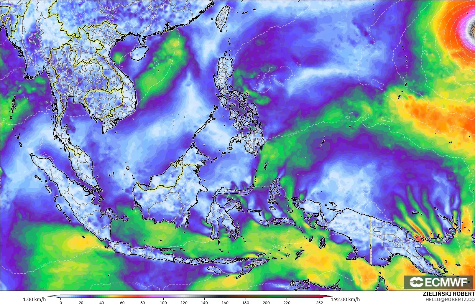 ECMWF IFS 0.25° modelo - Sudeste Asiático, Ráfagas de viento
