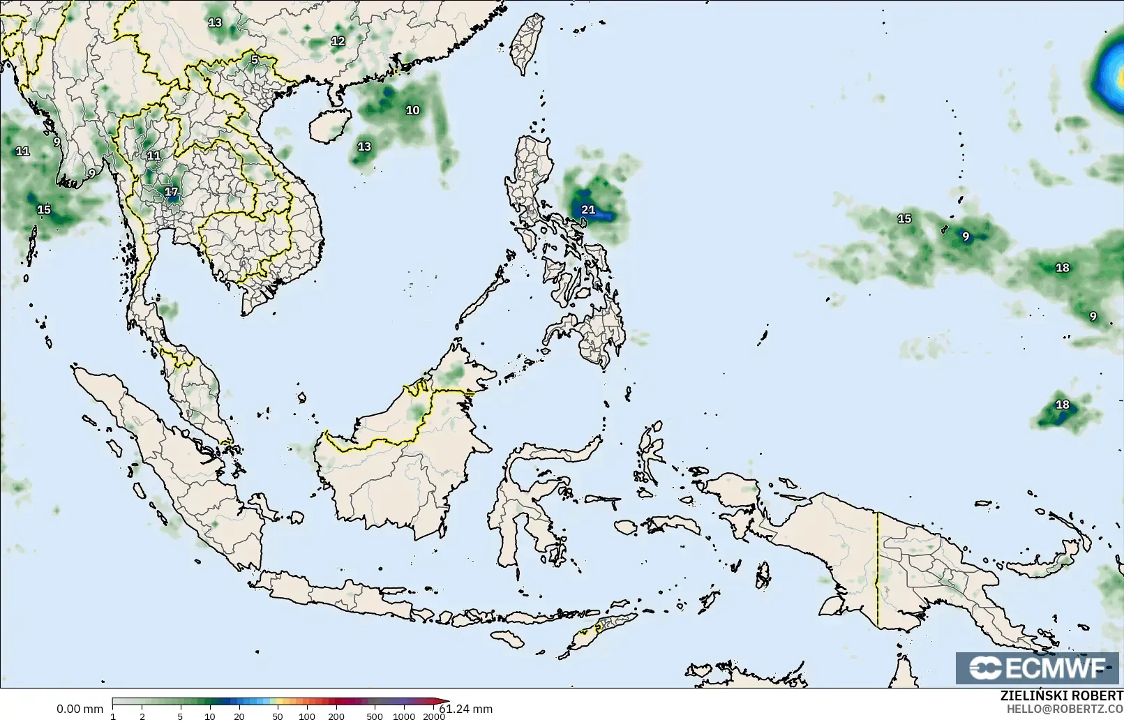 ECMWF IFS 0.25° modelo - Sudeste Asiático, Acumulación de precipitación