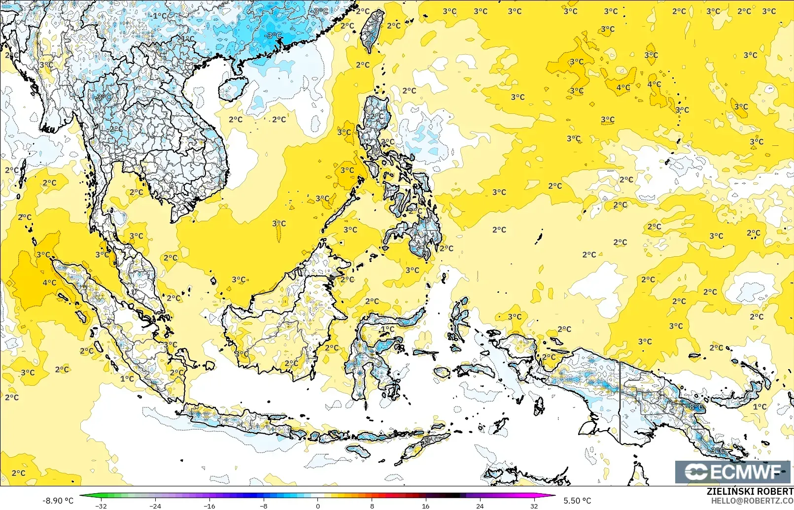 ECMWF IFS 0.25° modelo - Sudeste Asiático, Anomalía de temperatura a 2 m