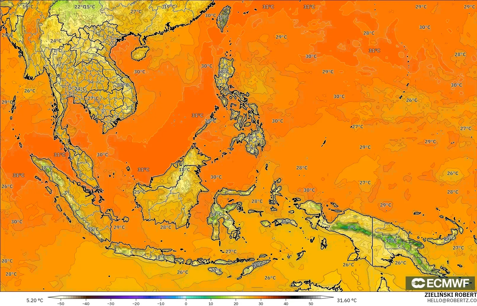 ECMWF IFS 0.25° modelo - Sudeste Asiático, Temperatura a 2 m
