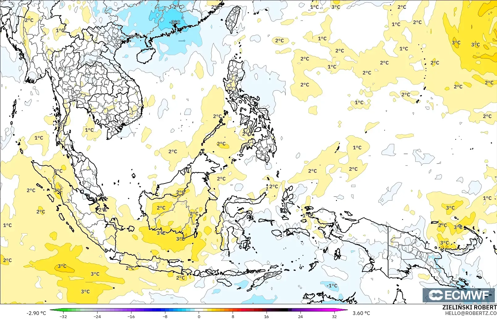 ECMWF IFS 0.25° modelo - Sudeste Asiático, Anomalía de temperatura a 850 hPa