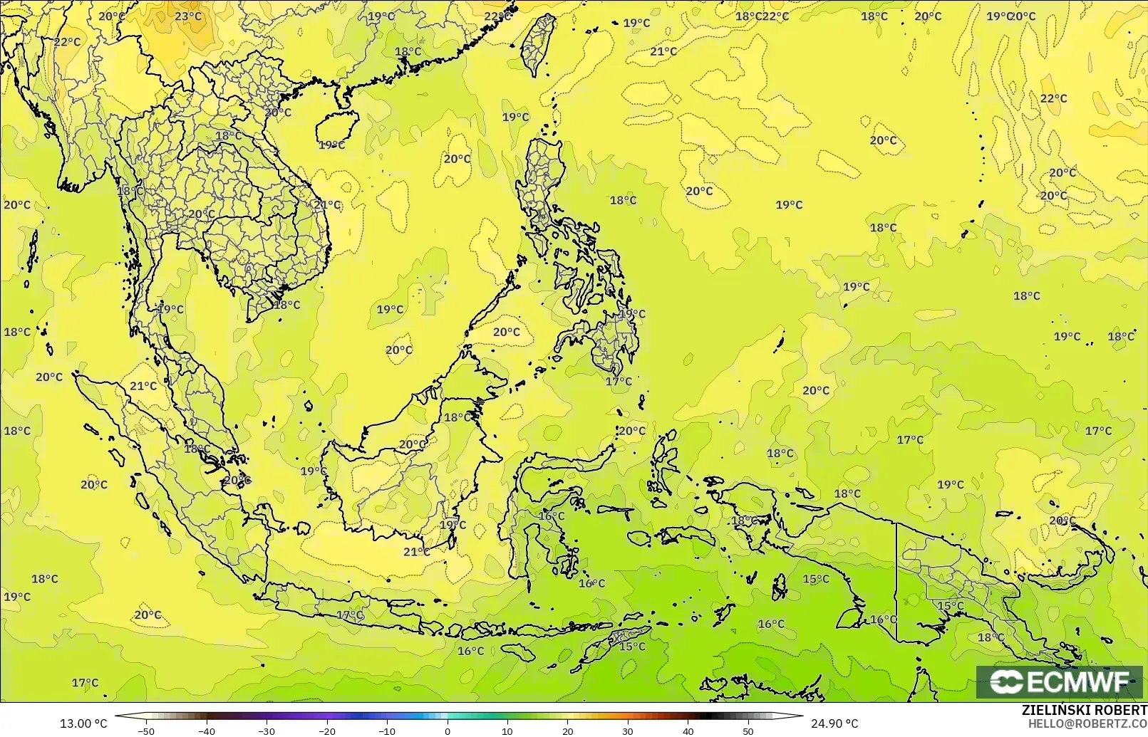 ECMWF IFS 0.25° modelo - Sudeste Asiático, Temperatura a 850 hPa