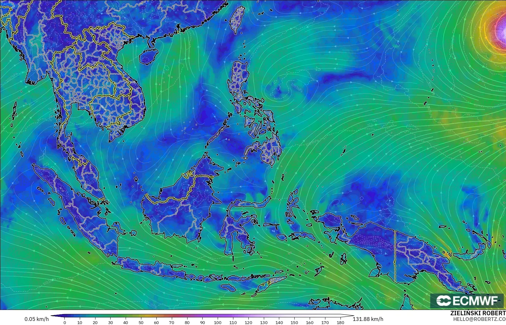 ECMWF IFS 0.25° modelo - Sudeste Asiático, Viento a 10 m